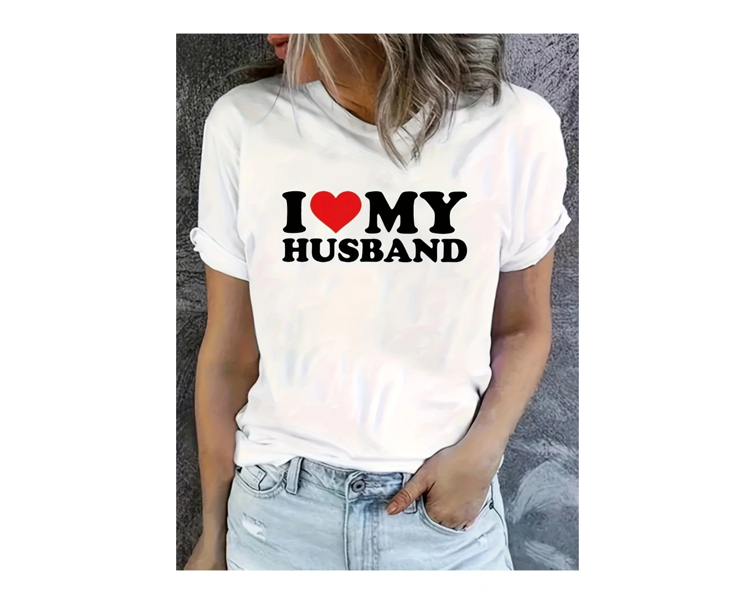 Beyaz kolay bakım kalp kocam baskı Tee seviyorum-şık yaz tarzı için streç ekip boyun üs