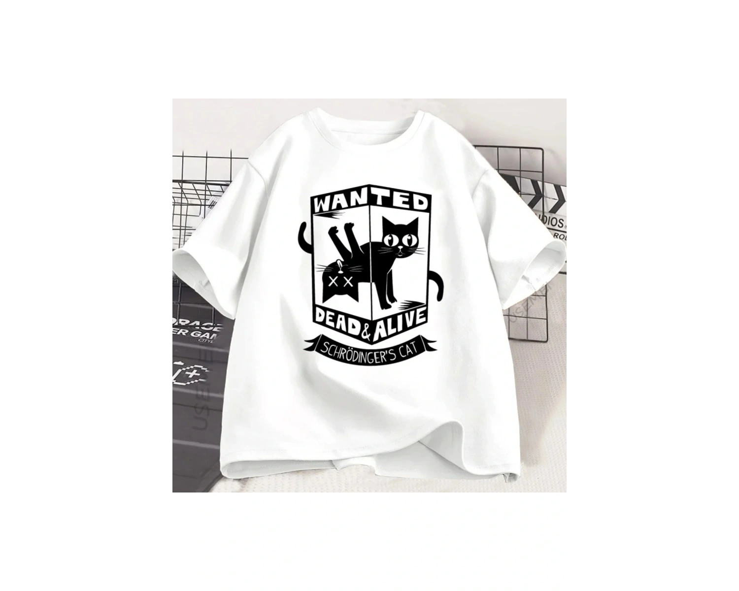 Beyaz Komik Siyah Kedi Gevşek Tshirt Baskılı Yuvarlak Boyun Kedi Sevgilisi