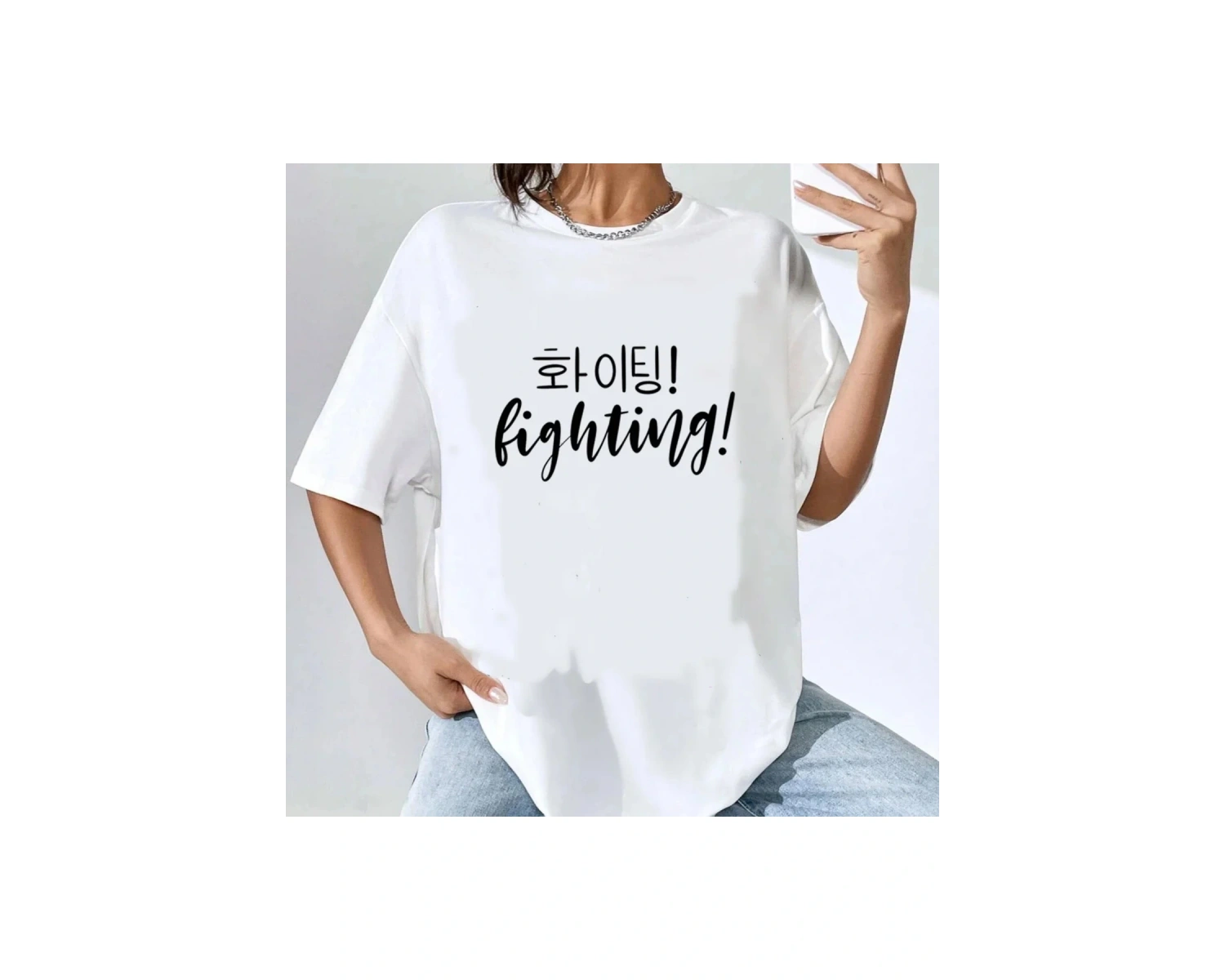 Beyaz Kore Baskılı Retro Tarzı Baskı Gevşek Yaz Yuvarlak Boyun Üst Spor Yum