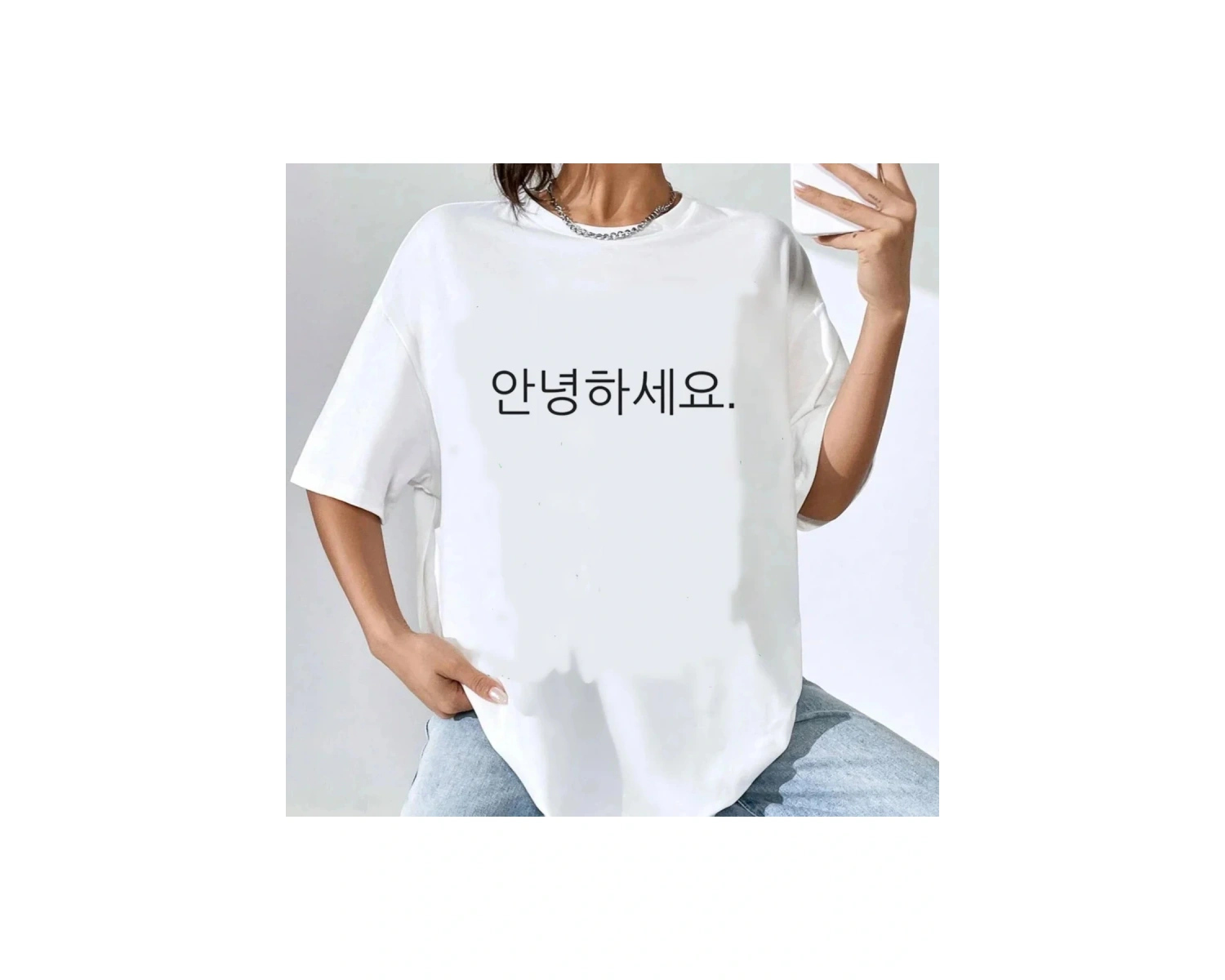 Beyaz Kore Baskılı Retro Tarzı Baskı Gevşek Yaz Yuvarlak Boyun Üst Spor Yum