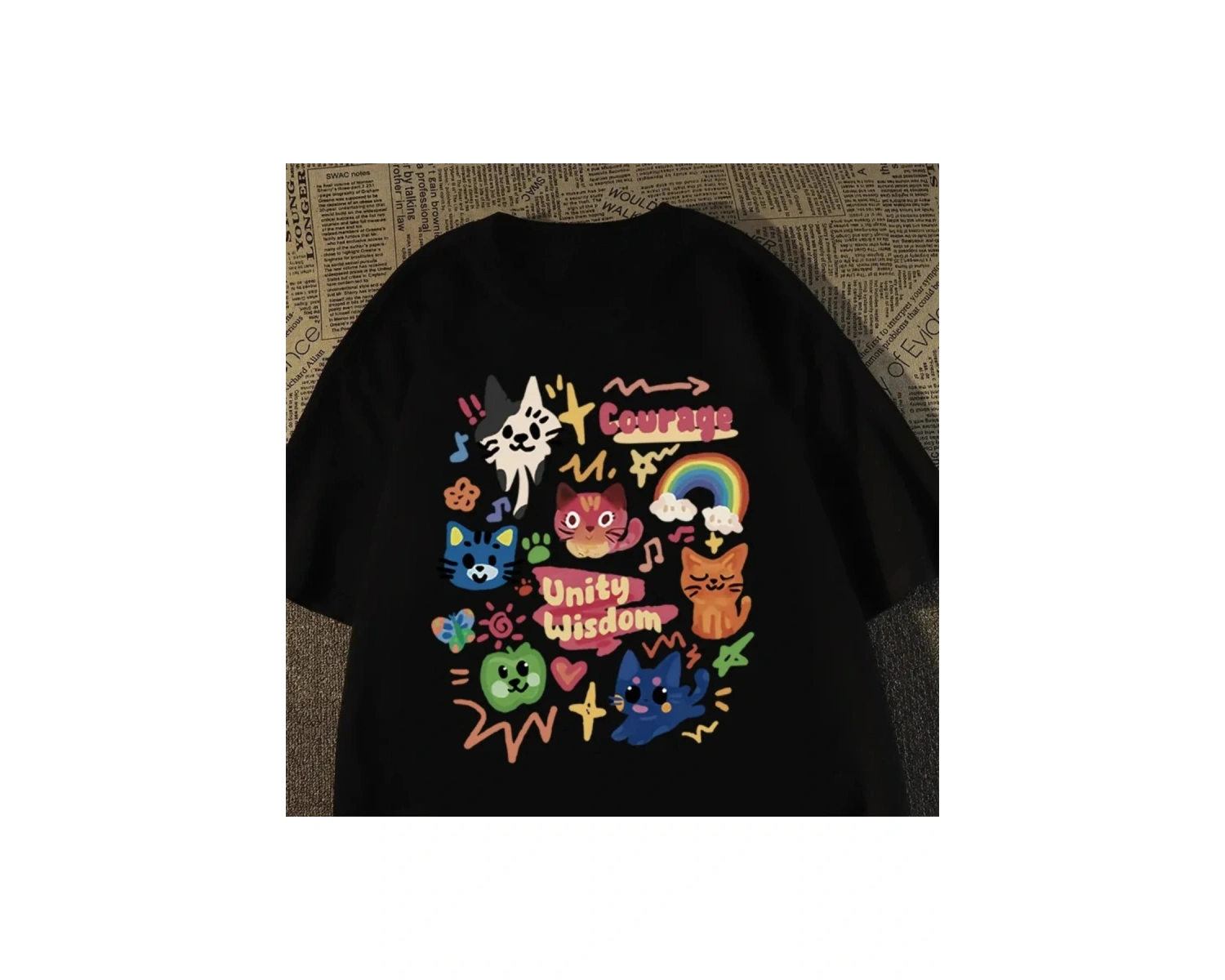 Beyaz Kore Retro Sevimli Kedi ler için Gevşek Yuvarlak Boyun Yaz