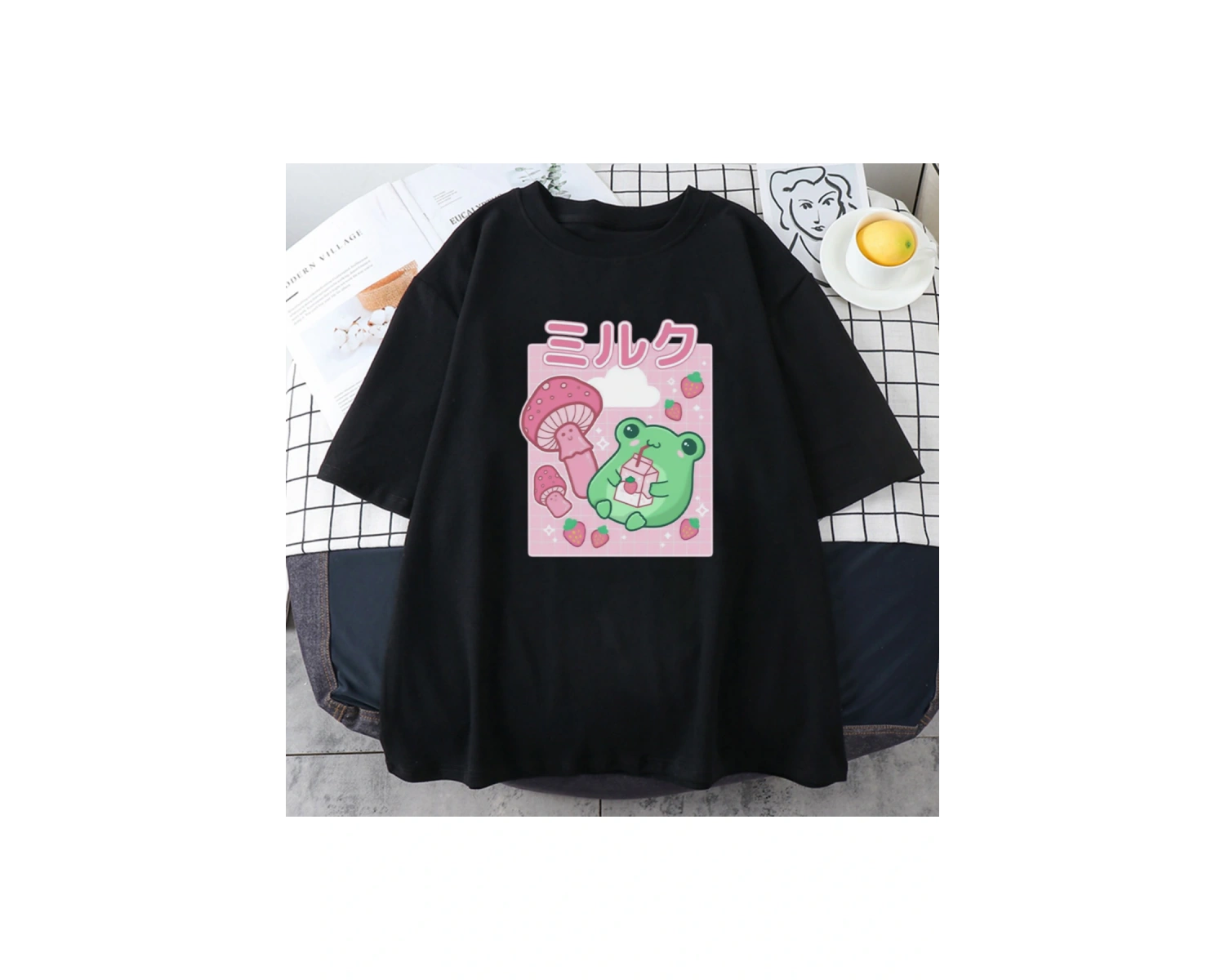 Beyaz Kurbağa Çilek İçecek Mantar Karikatür Taze Yeşil Tarzı Tops Loose100 Yaz Haraj