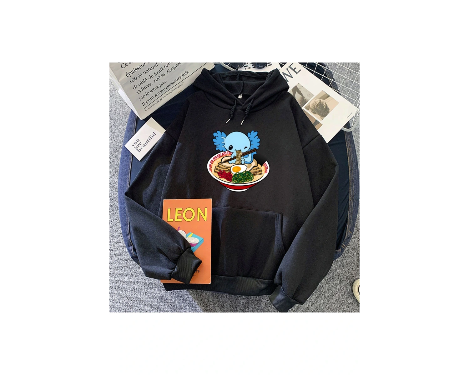 Beyaz Mavi Axolotl yeme Ra grafik HoodiesKawaii Kawaii bas