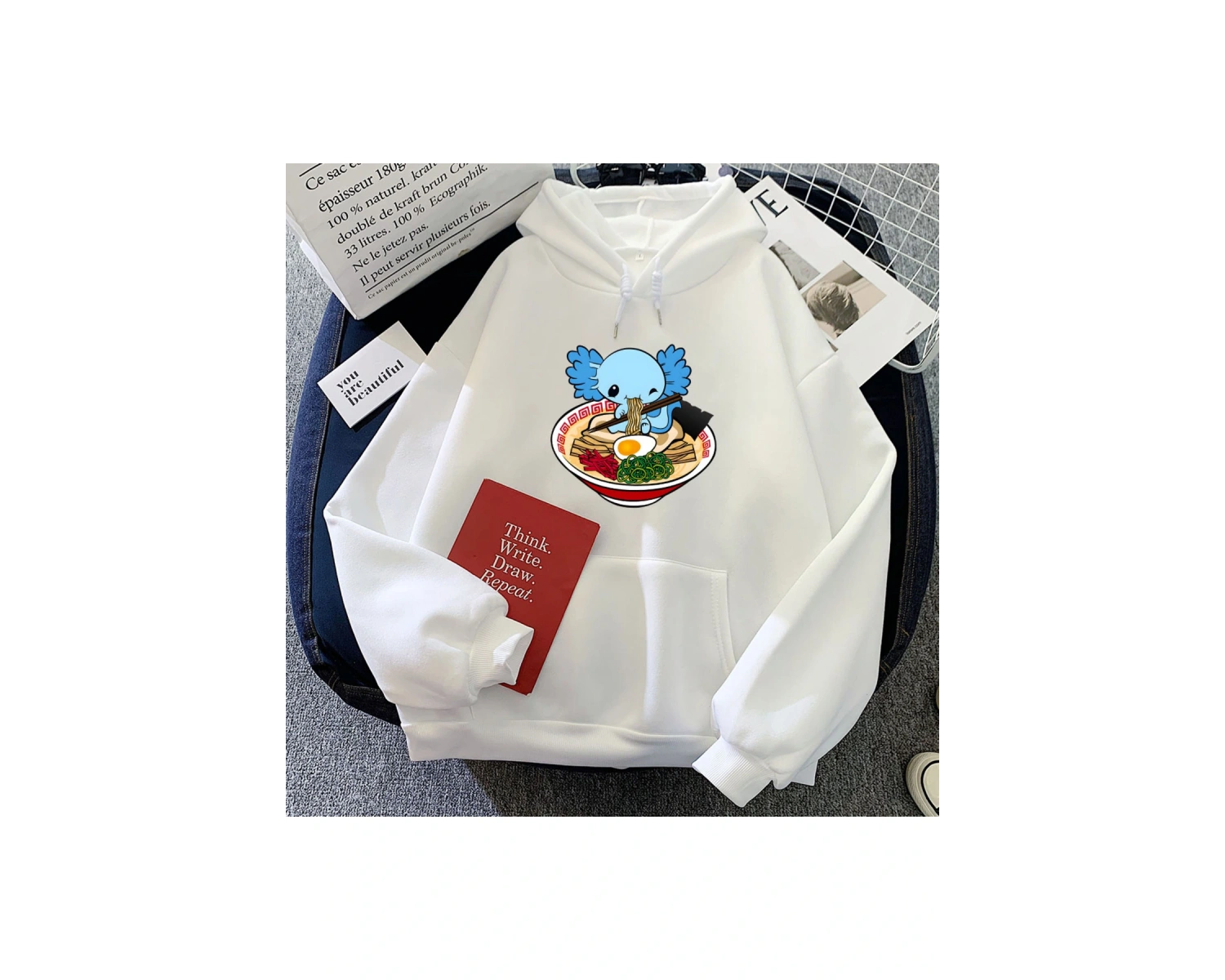 Beyaz Mavi Axolotl yeme Ra grafik HoodiesKawaii Kawaii bas