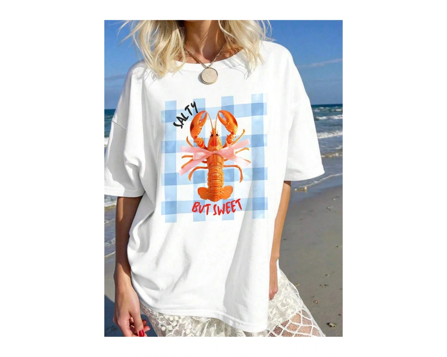 Beyaz Mavi Ekose Istakoz Papyon Mektup Desen Baskı Retro Eğlenceli Unisex Vintage Est