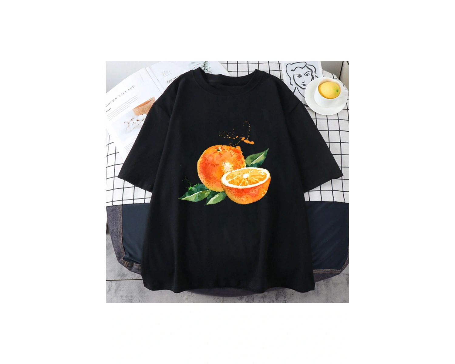 Beyaz Meyve nar turuncu Harajuku Tshirt Kawaii bahar ve yaz kısa kol