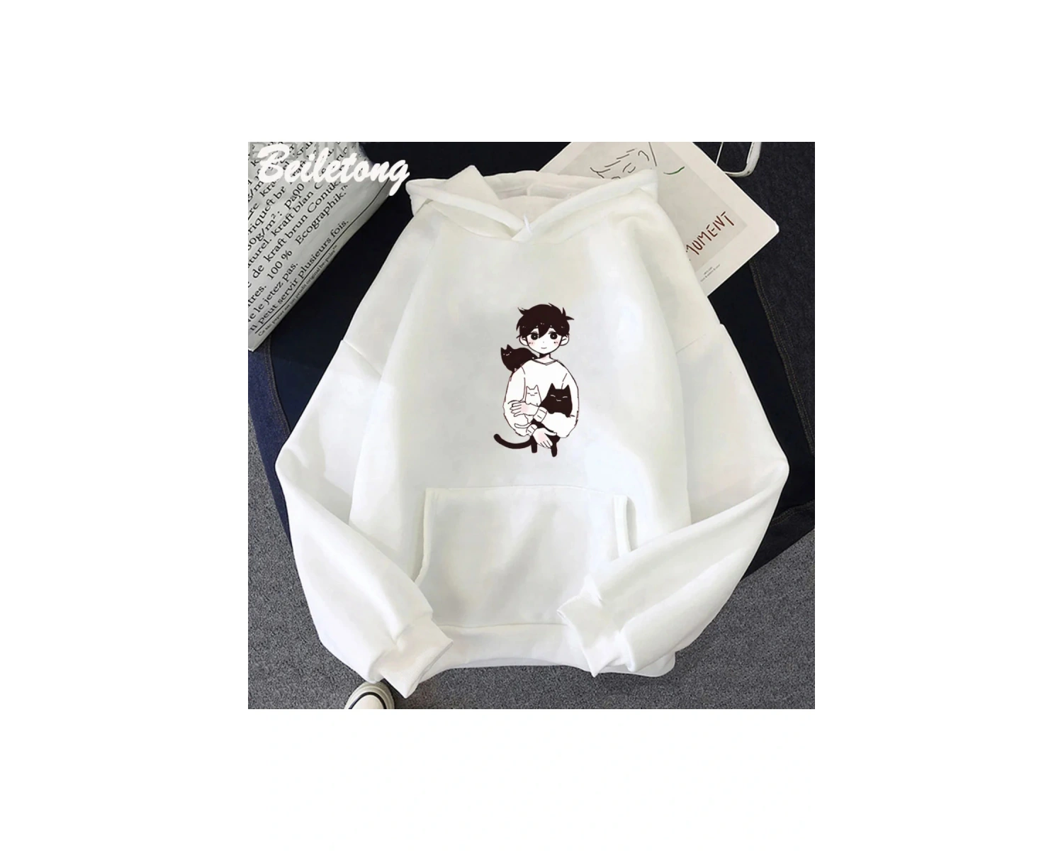 Beyaz OMORI Sunny ve Mewo Kawaii Hoodie Merch ModaUzun Kollu