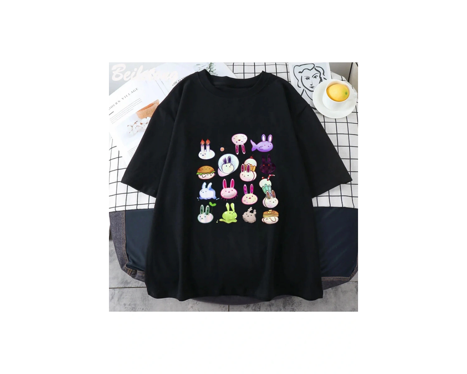 Beyaz Omori Yaz Baskı Harajuku Unisex Yaz Tshirt Jap