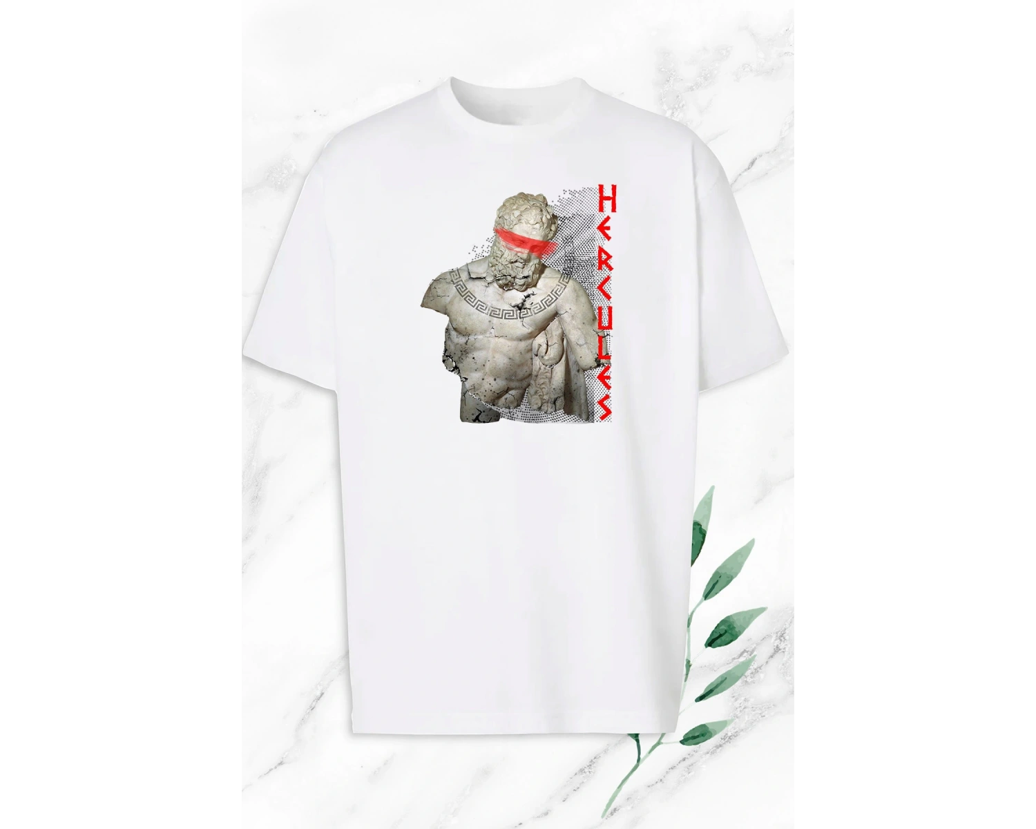 Beyaz Oversize Mitoloji Herkül Herakles Heykel Baskılı Tişört
