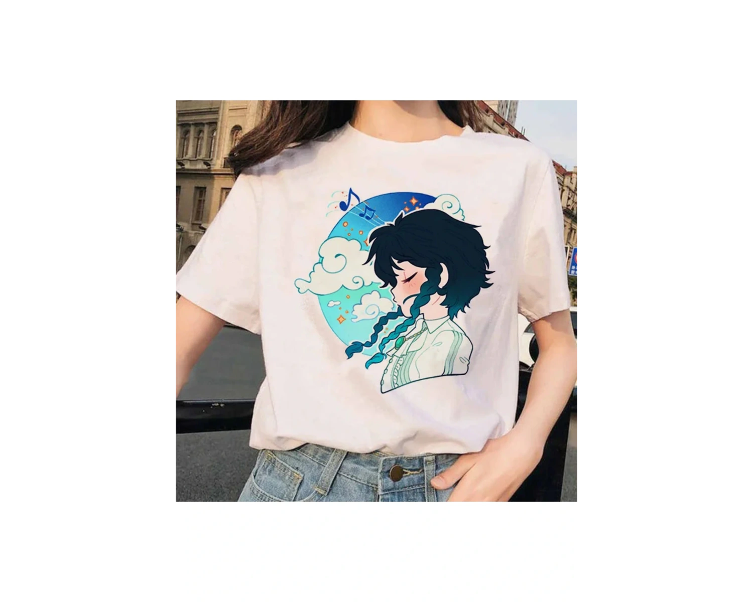 Beyaz Paimon Genshin darbe Venti Xiao Diona dishirt Kaeya karikatür