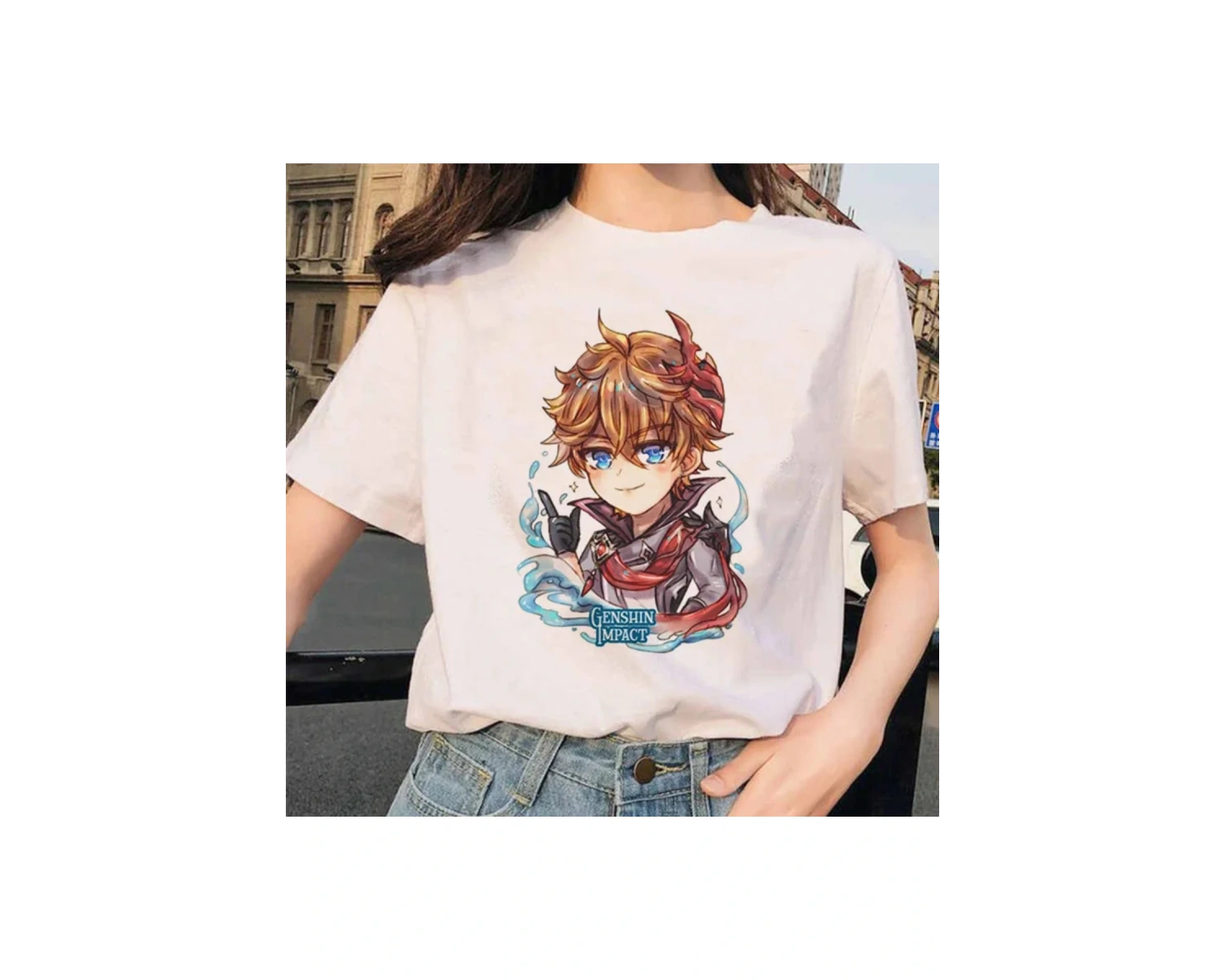 Beyaz Paimon Genshin darbe Venti Xiao Diona dishirt Kaeya karikatür