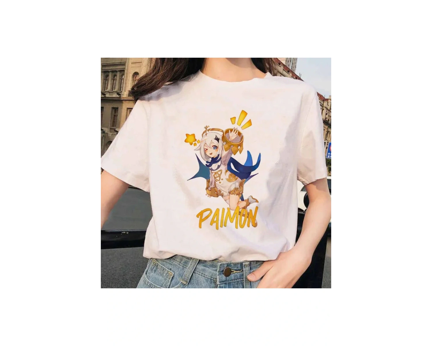 Beyaz Paimon Genshin darbe Venti Xiao Diona dishirt Kaeya karikatür