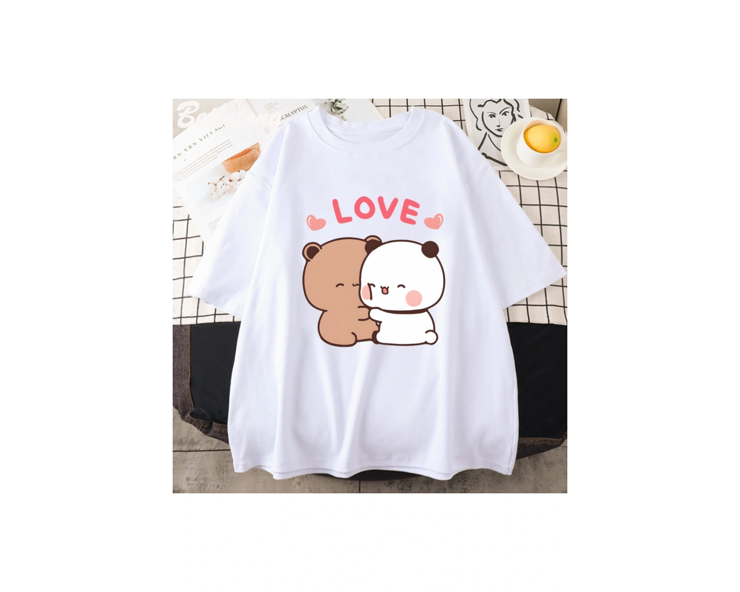 Beyaz Panda ayı aşk Bubu Dudu çift baskı yaz estetik kore Tee