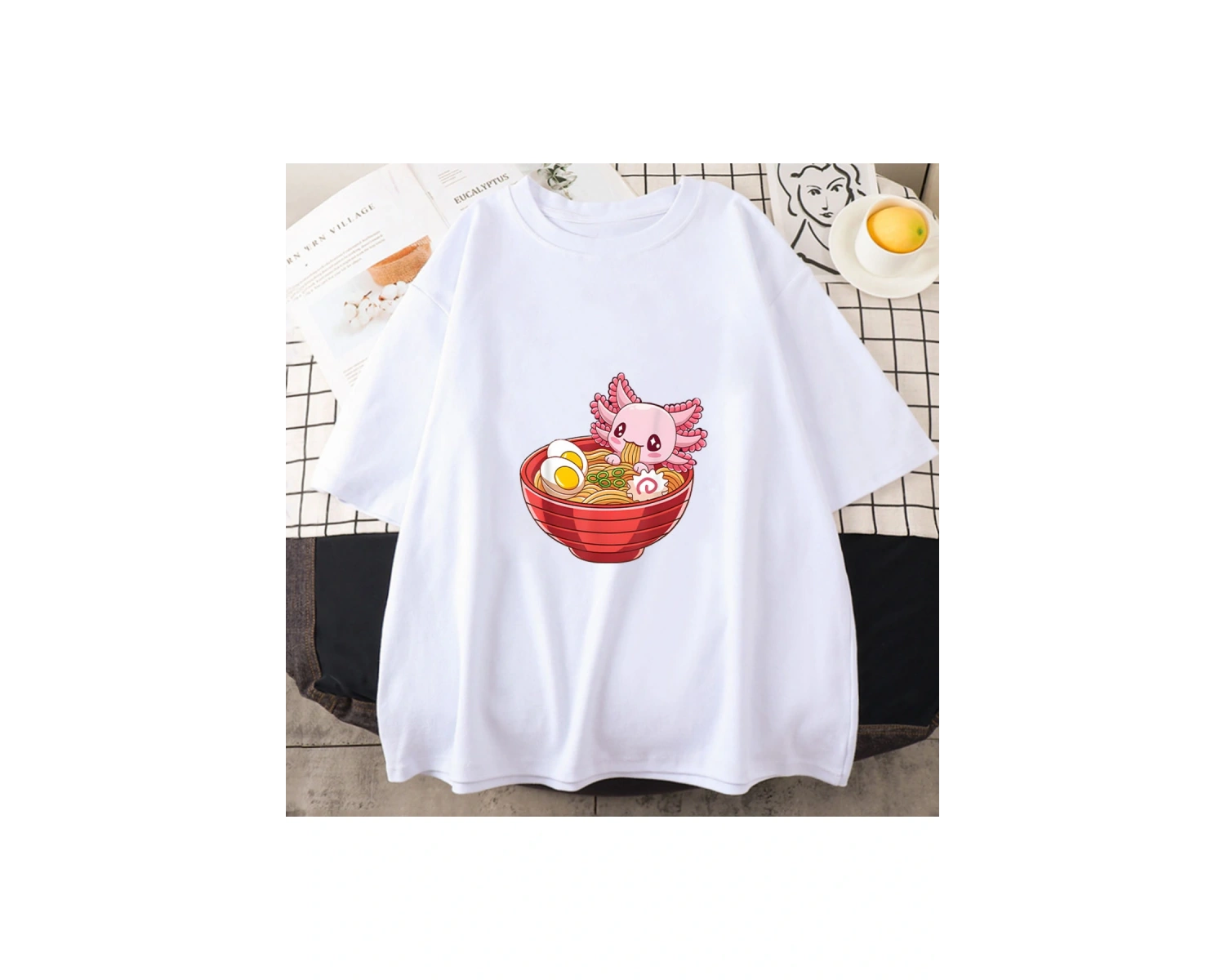 Beyaz Pembe Axolotl Harajuku Kawaii/sevimli bahar ve yaz kısa