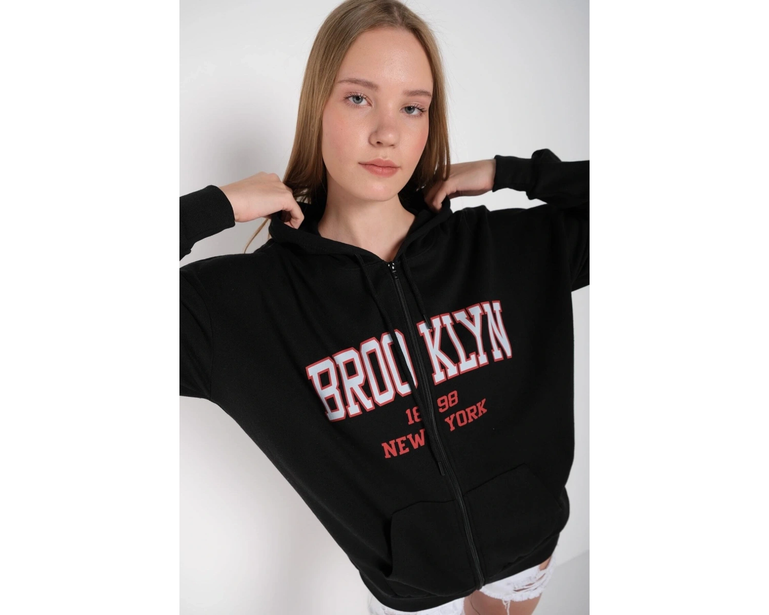 Beyaz Pembe Kapüşonlu Fermuarli Brooklyn Oversize