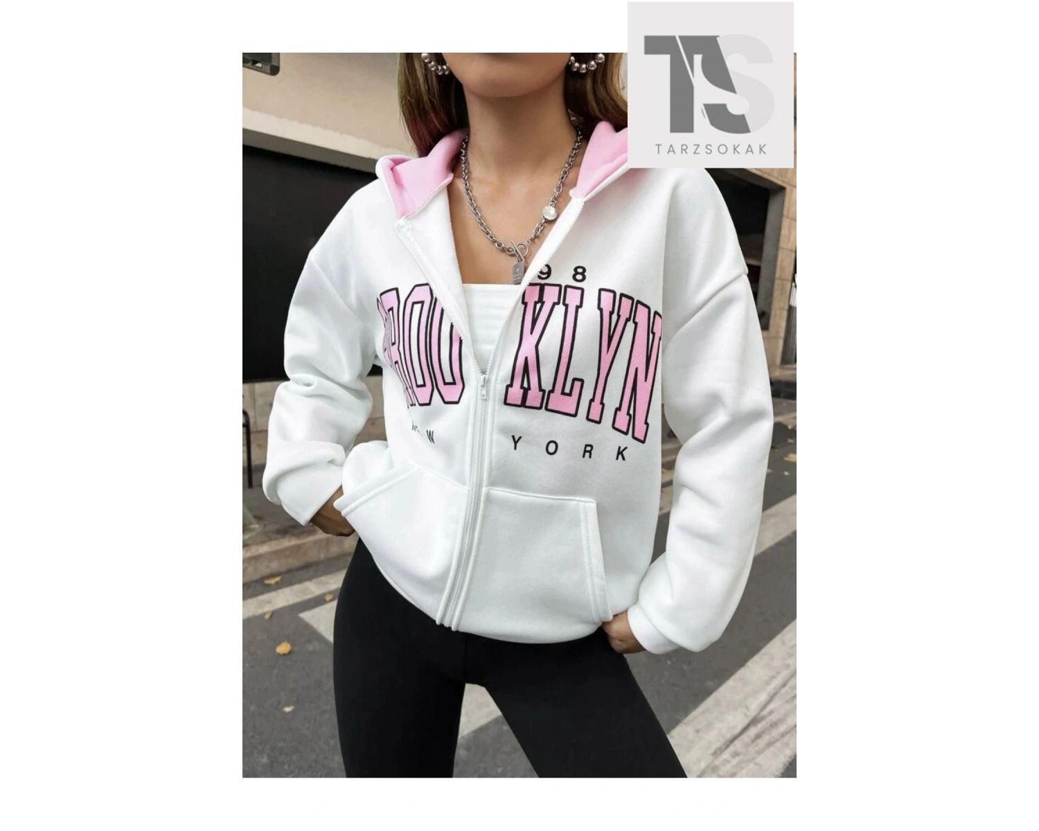 Beyaz Pembe Kapüşonlu Fermuarli Brooklyn Oversize