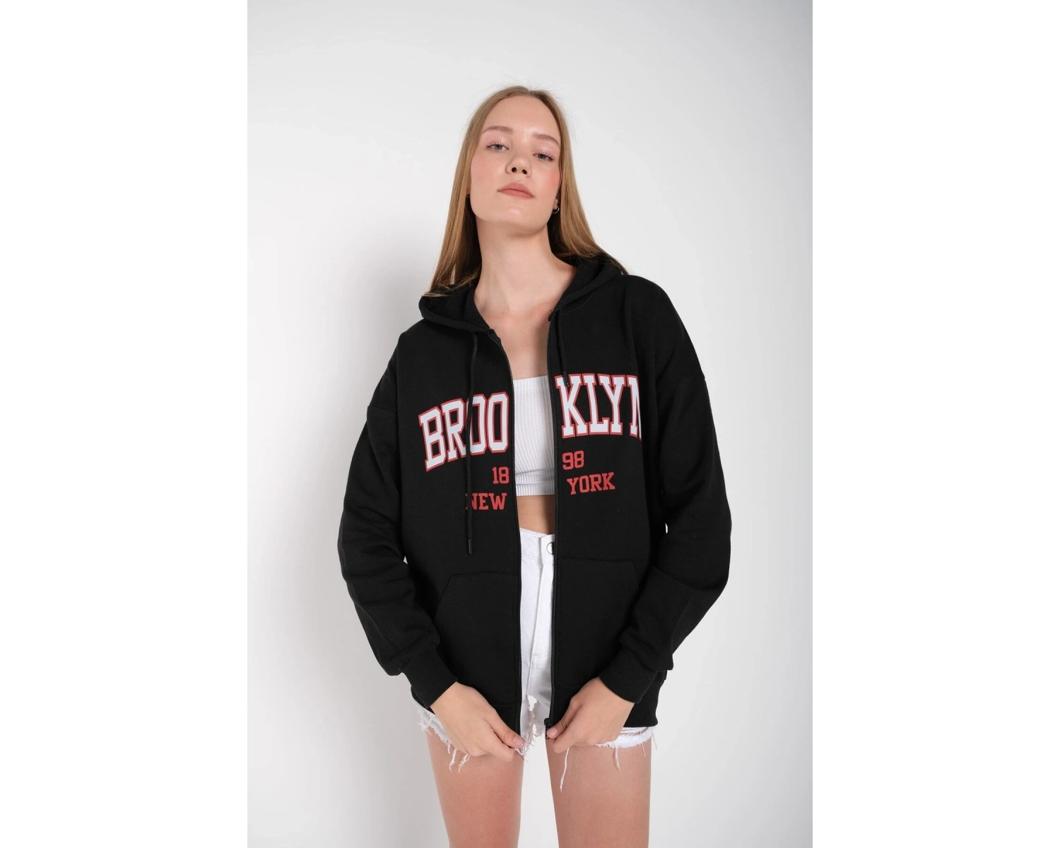 Beyaz Pembe Kapüşonlu Fermuarli Brooklyn Oversize