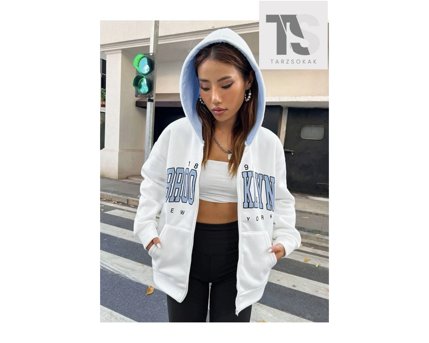 Beyaz Pembe Kapüşonlu Fermuarli Brooklyn Oversize