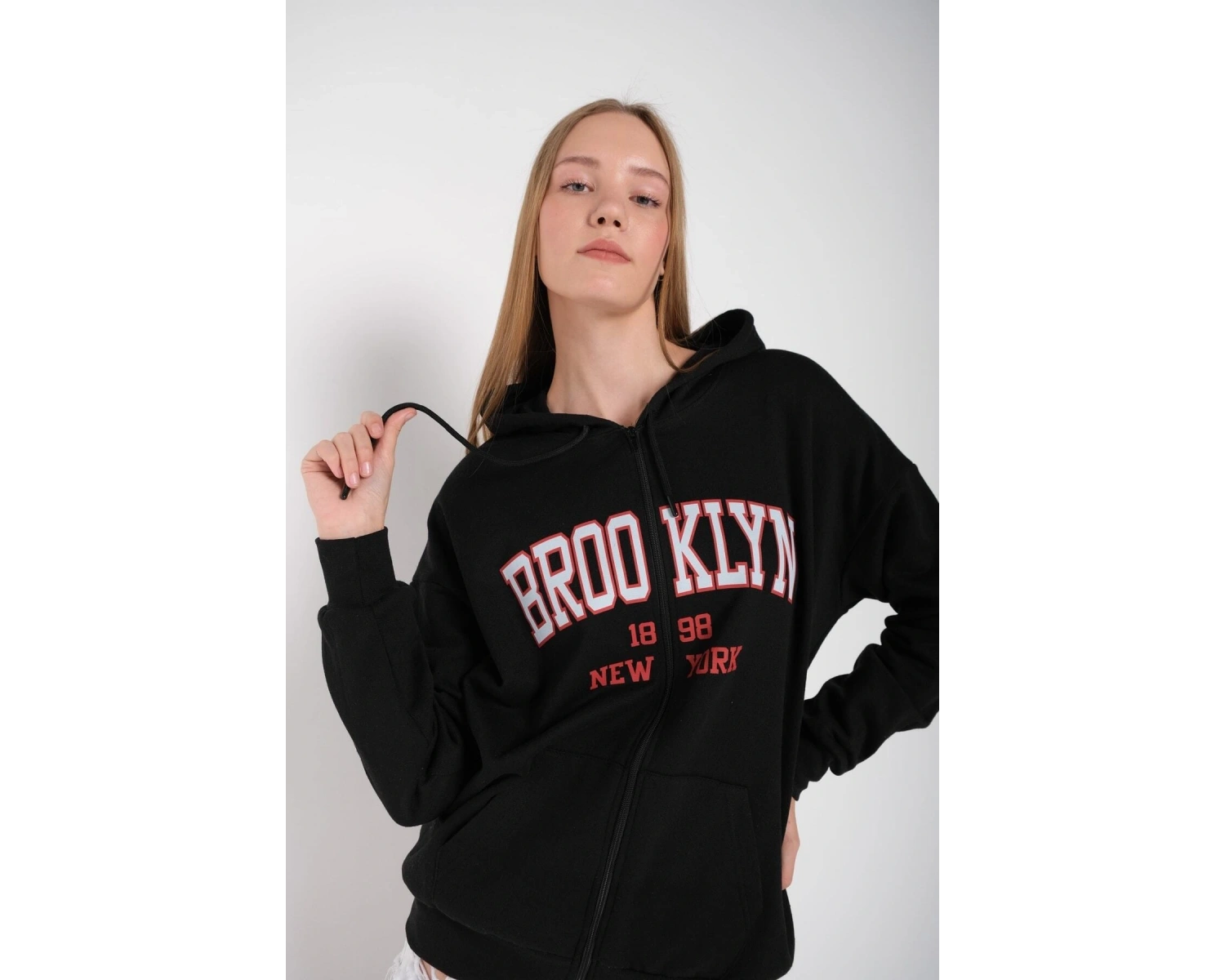 Beyaz Pembe Kapüşonlu Fermuarli Brooklyn Oversize