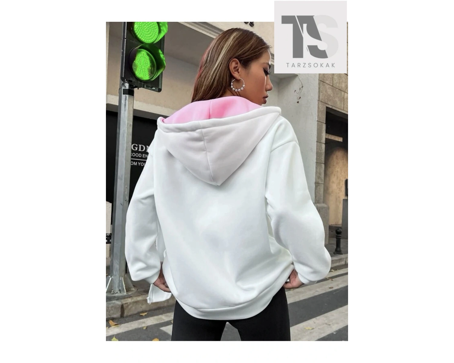 Beyaz Pembe Kapüşonlu Fermuarli Brooklyn Oversize