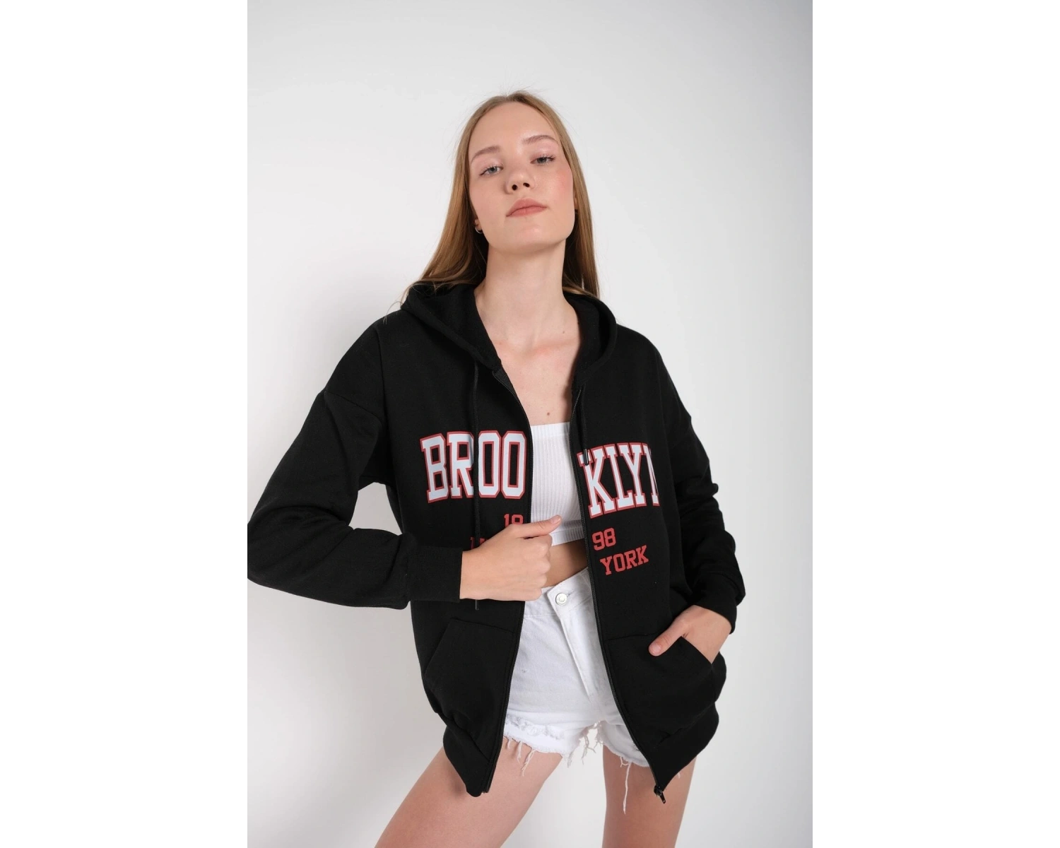 Beyaz Pembe Kapüşonlu Fermuarli Brooklyn Oversize