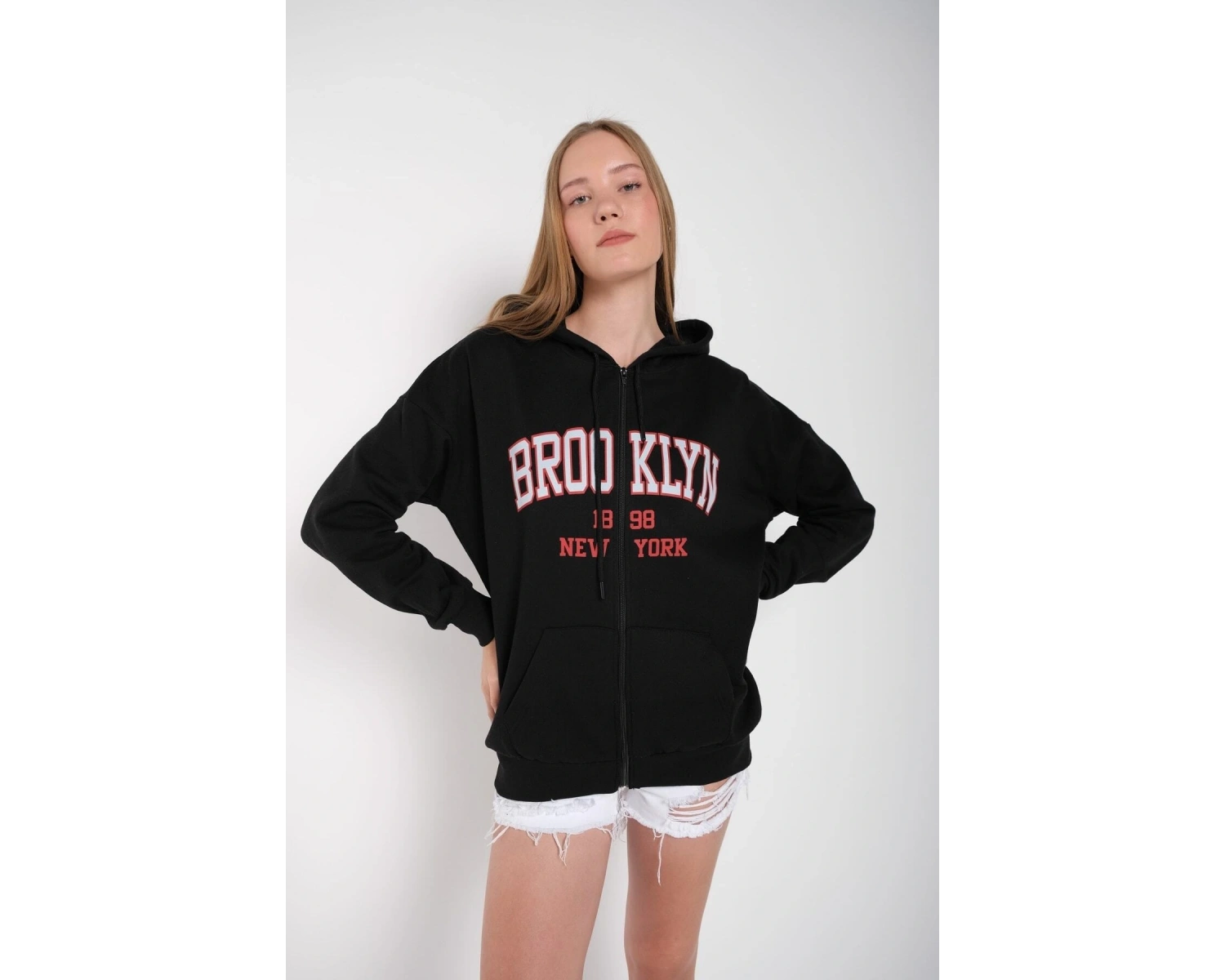 Beyaz Pembe Kapüşonlu Fermuarli Brooklyn Oversize