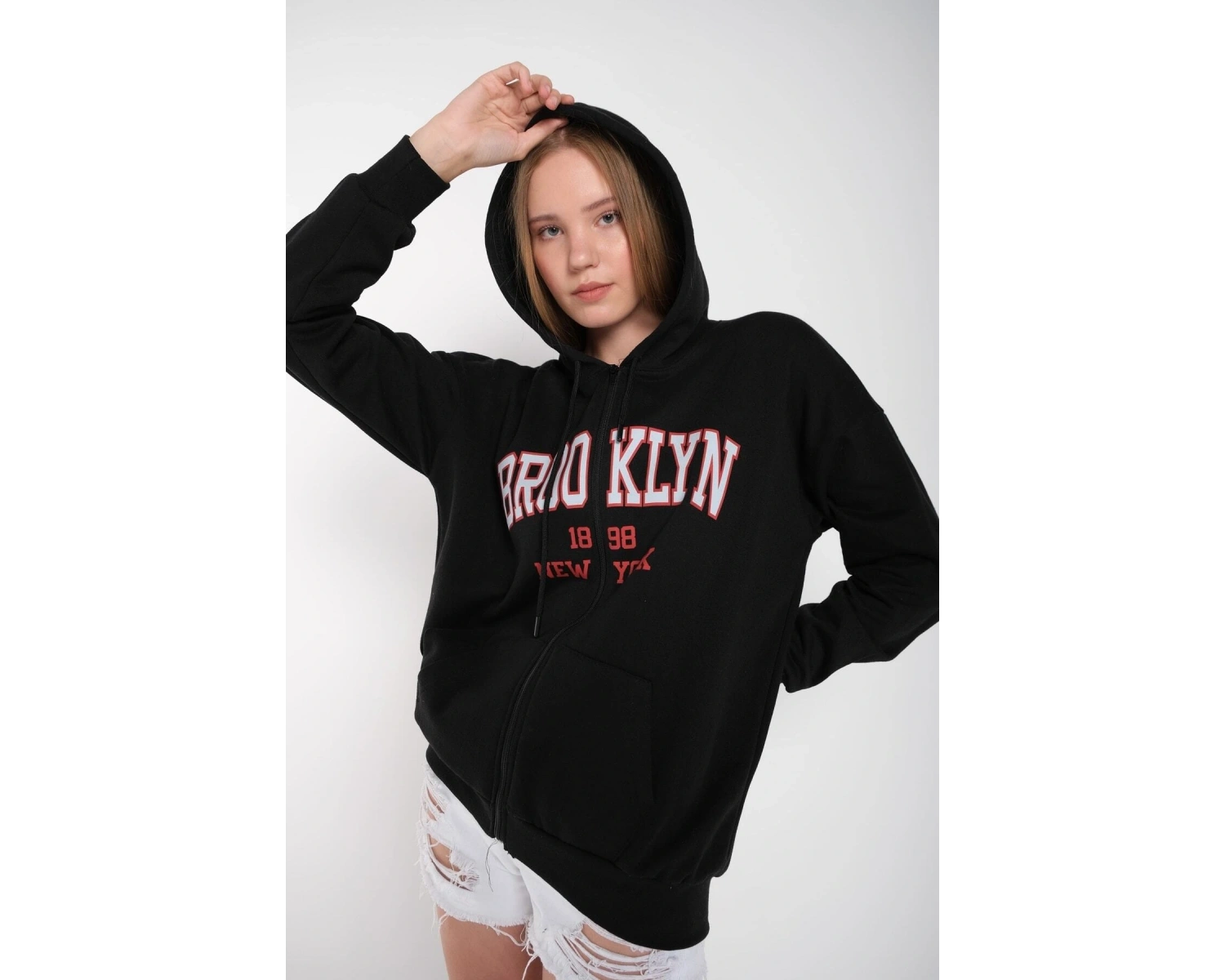 Beyaz Pembe Kapüşonlu Fermuarli Brooklyn Oversize