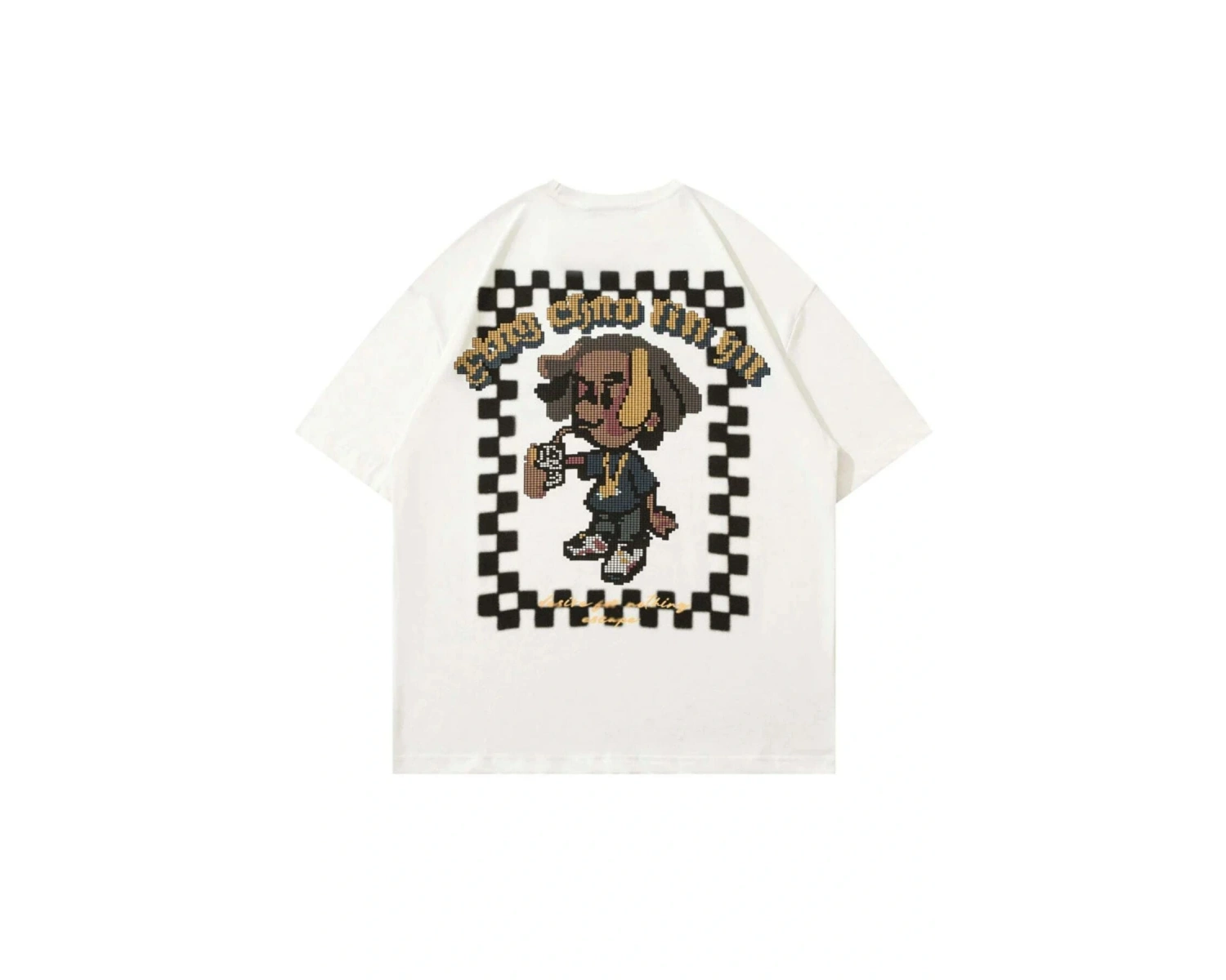 Beyaz Pixel Karikatür Baskılı Bisiklet Yaka Oversize Erkek Tişört