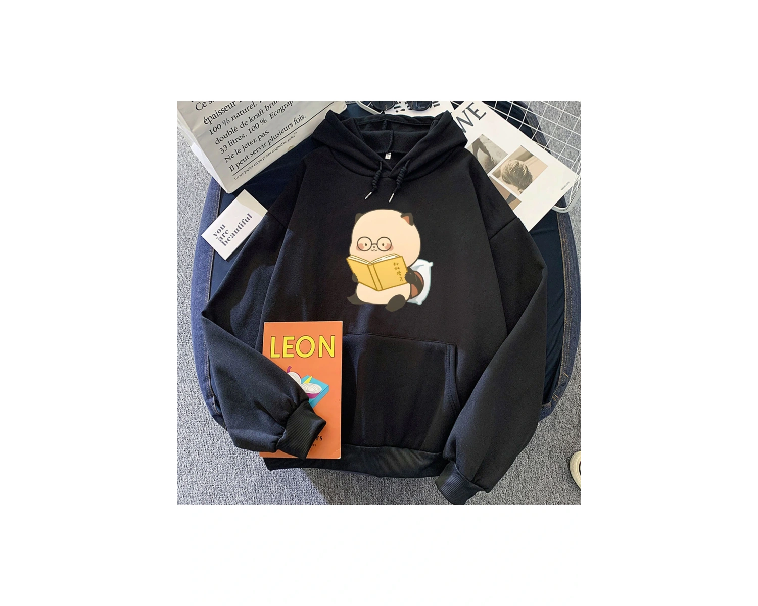 Beyaz Rakun okuma grafik Hoodies rahat rahat sevimli