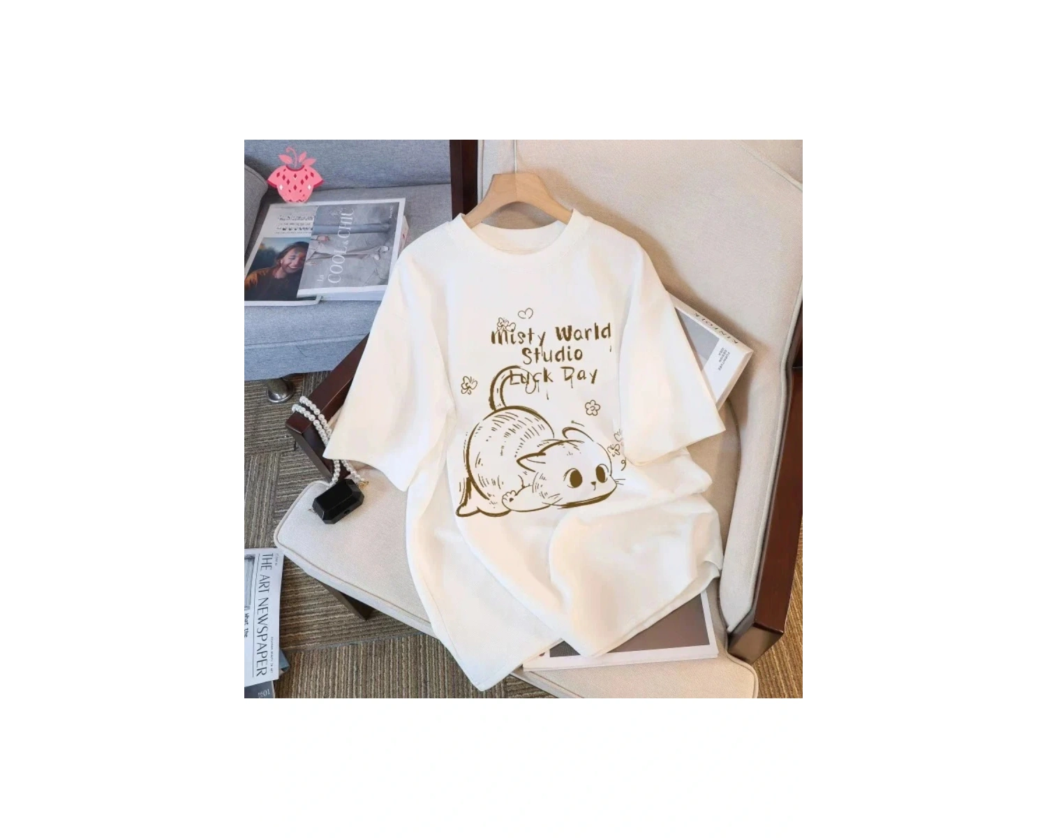 Beyaz s Round Neck Short Sleeve Loose Cute Cat Print Summer Y2K Kawaii Wo