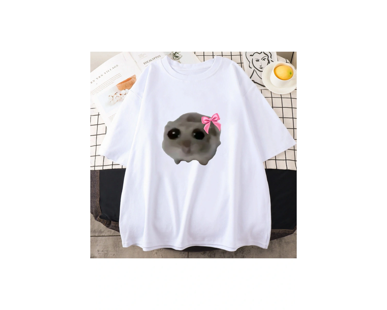 Beyaz Sad Hamster Tshirt Karikatür Grafik baskılı Pembe Yaz Tshirt Streetweed Kı