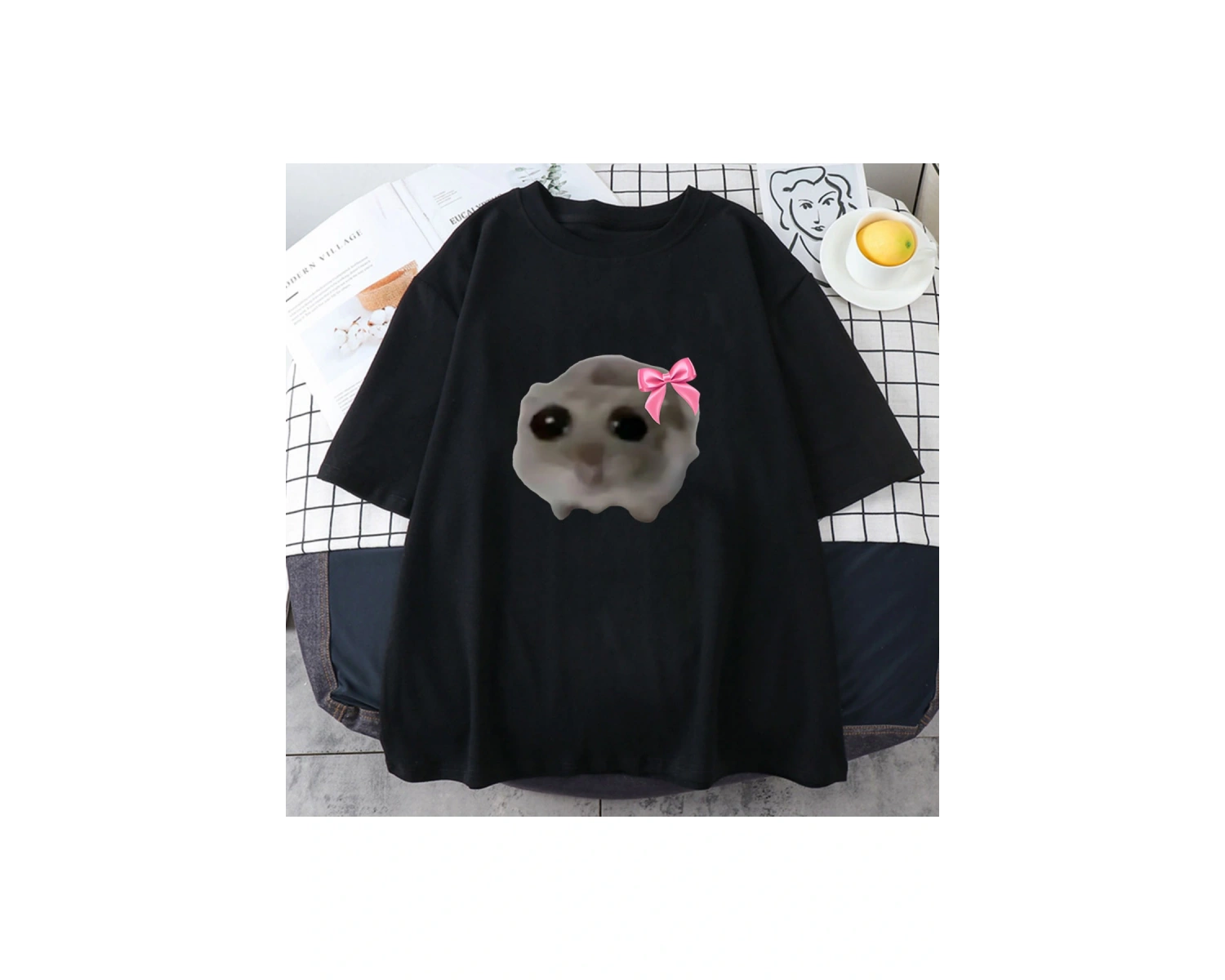 Beyaz Sad Hamster Tshirt Karikatür Grafik baskılı Pembe Yaz Tshirt Streetweed Kı