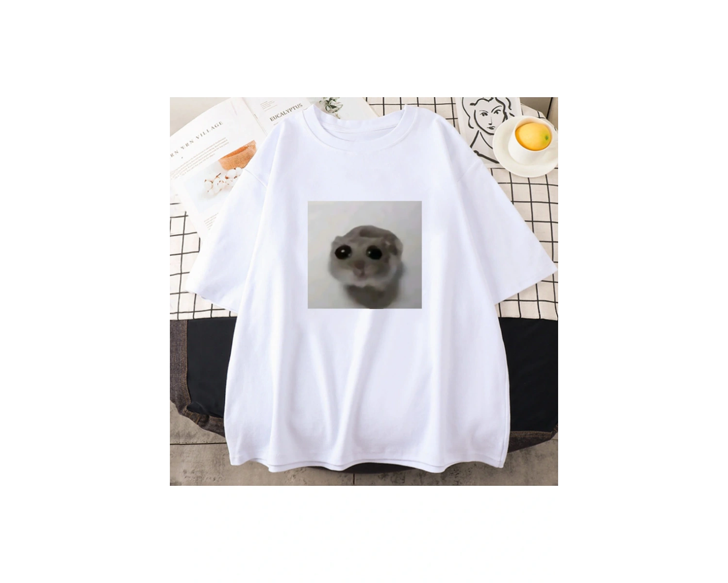 Beyaz Sad Hamster Tshirt Komik Karikatür Grafik baskılı Yaz Y