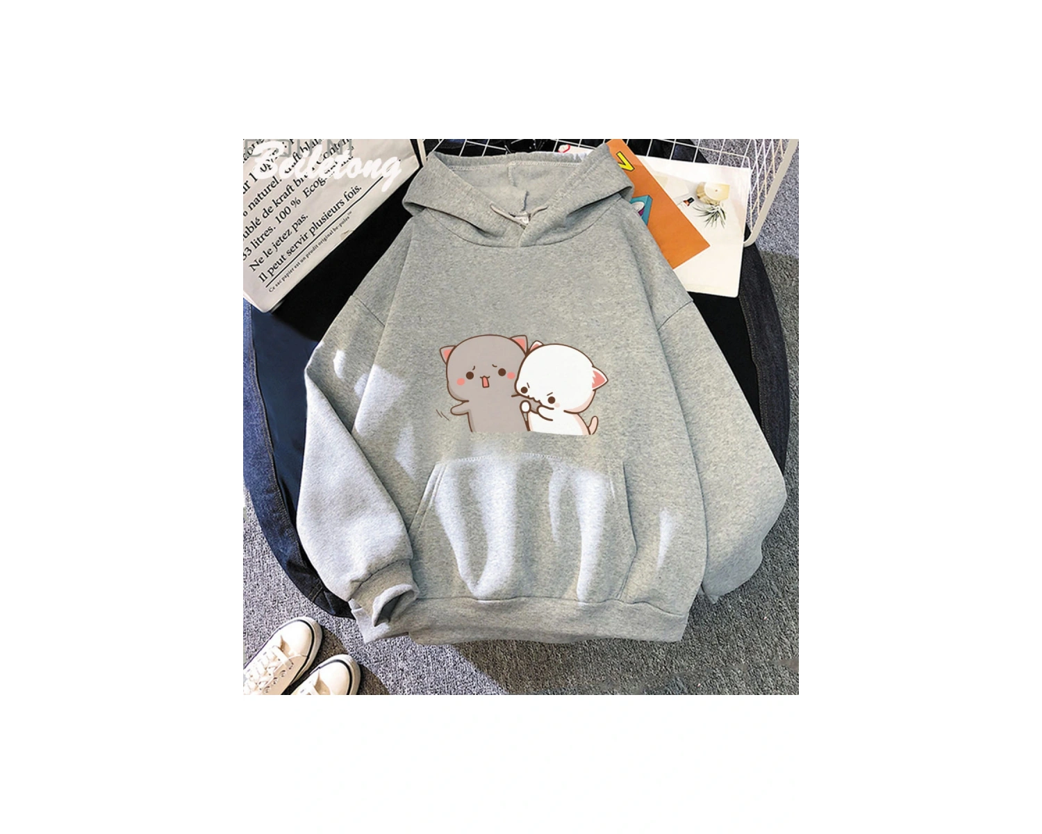 Beyaz Şeftali Ve Goma HoodieŞeftali Kedi Mochi Sevimli Romantik KawaiiArka