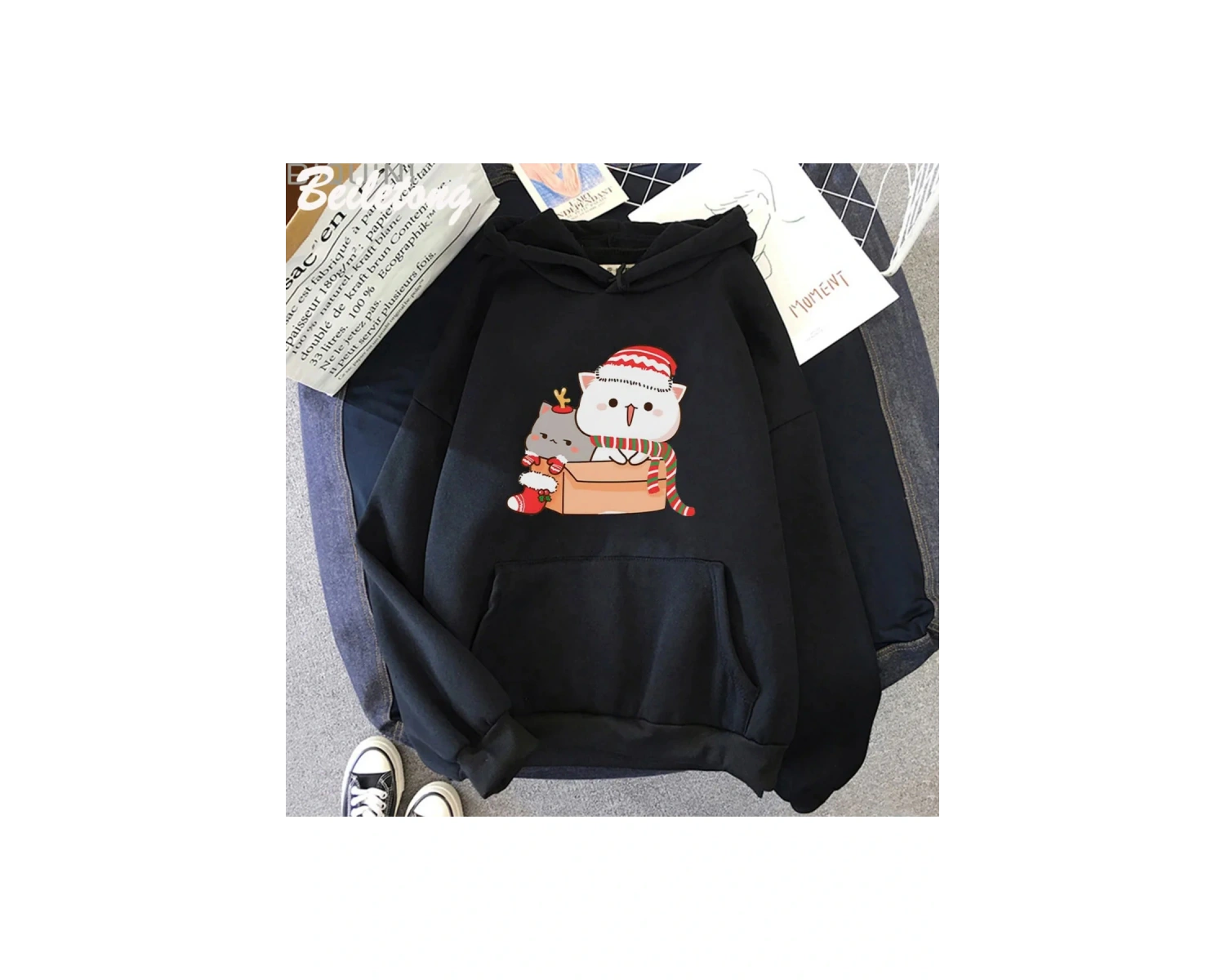 Beyaz Şeftali ve Goma Mochi Kedi Hoodie Streetweed Noel Baskılı Kawaii