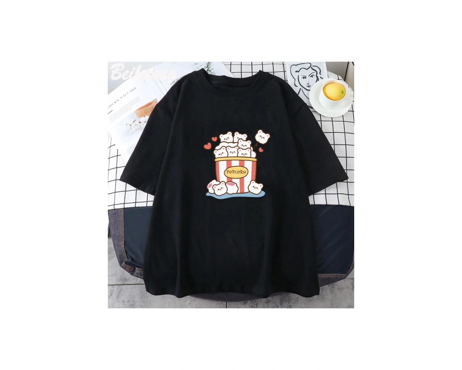 Beyaz Sevimli Kawaii Patlamış Mısır Karikatür Sevimli Grafik Tees Yaz Unisex Saf Pamu