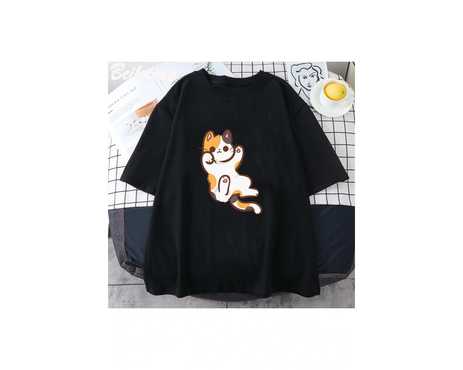 Beyaz Sevimli Patiska Kedi Grafik Yeni Yaz Tshirt Tee Harajuku Estetik Pembe Üst