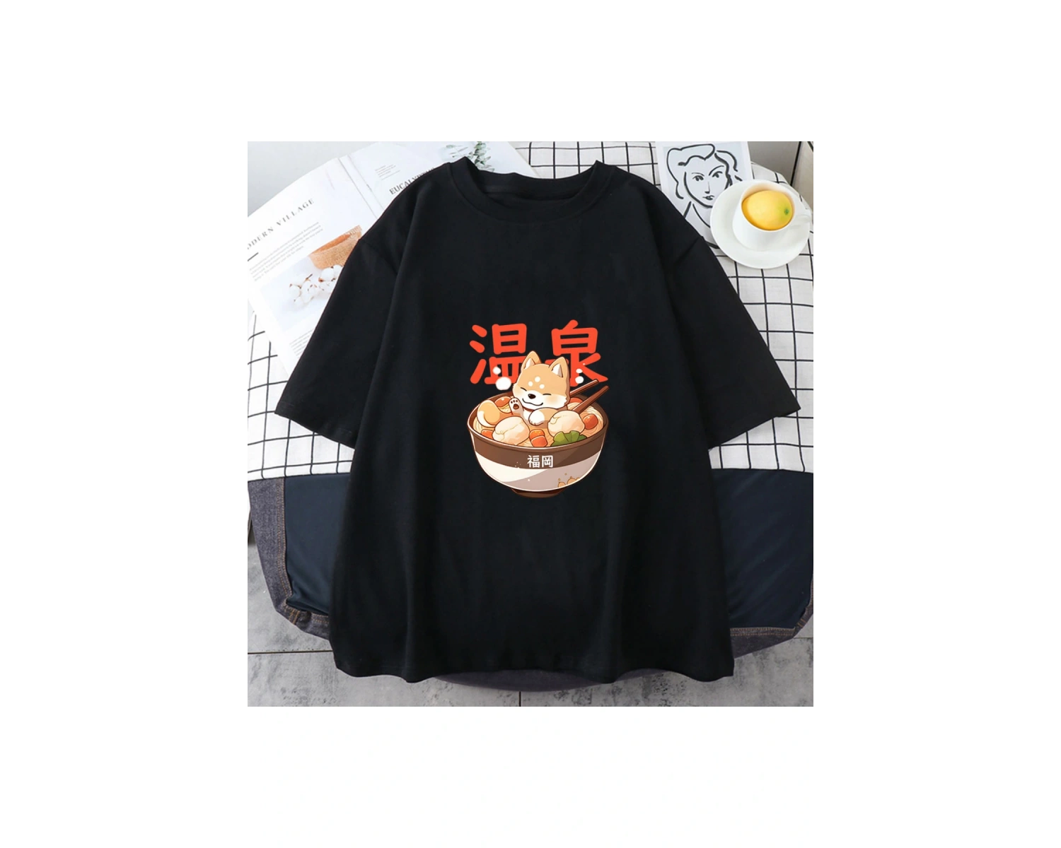 Beyaz Shiba Inu Keyifli Ramen Erişte Baskılı Kawaii Karikatür Üstleri Yaz