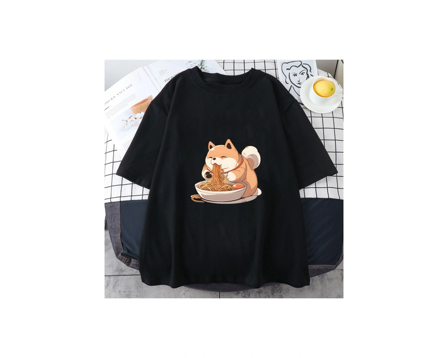 Beyaz Shiba Inu Keyifli Ramen Grafik Tshirt kıyafetleri Yaz Komik Japon Şehriye Harajuku Bask