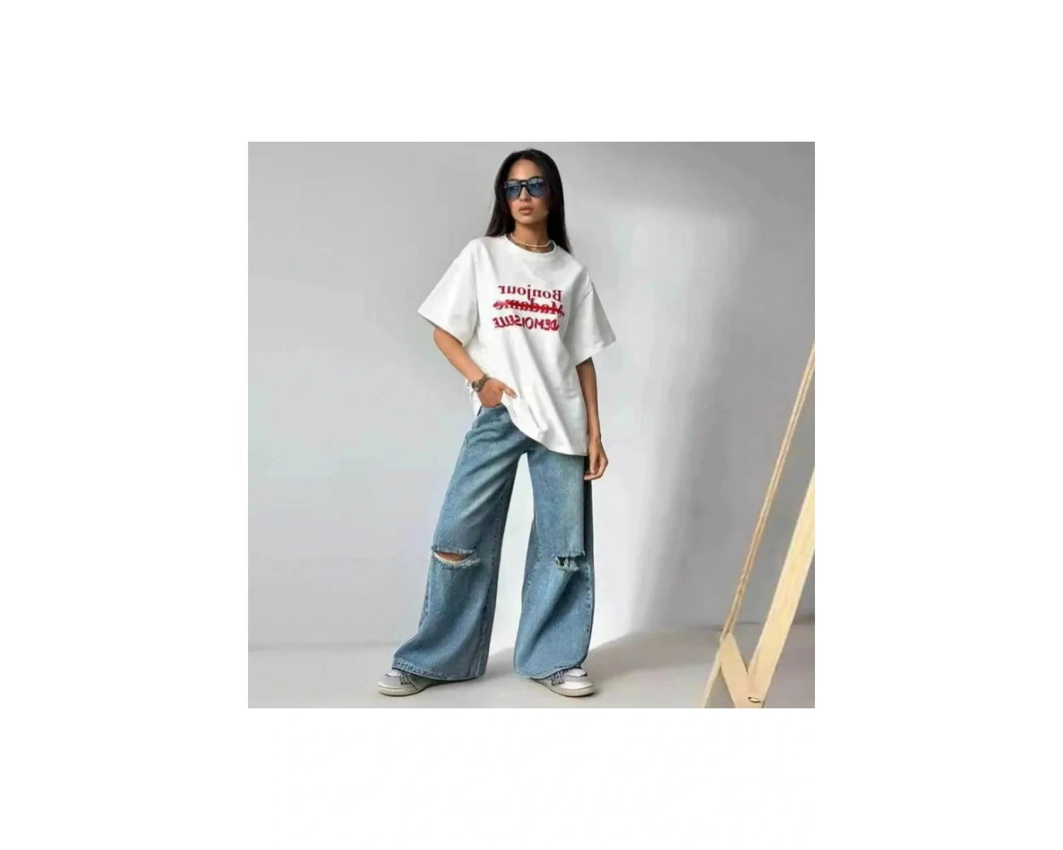 Beyaz Şık Kalp Mektup Baskılı Gevşek O-Boyun Yarım Kollu Tee Yaz