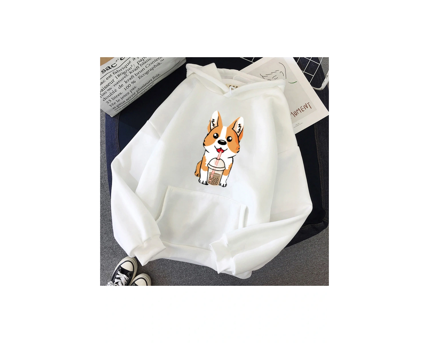 Beyaz Süt çay bardağı Corgi moda Unisex Hoodies bahar sonbaharrahat Hoodies öğrenci