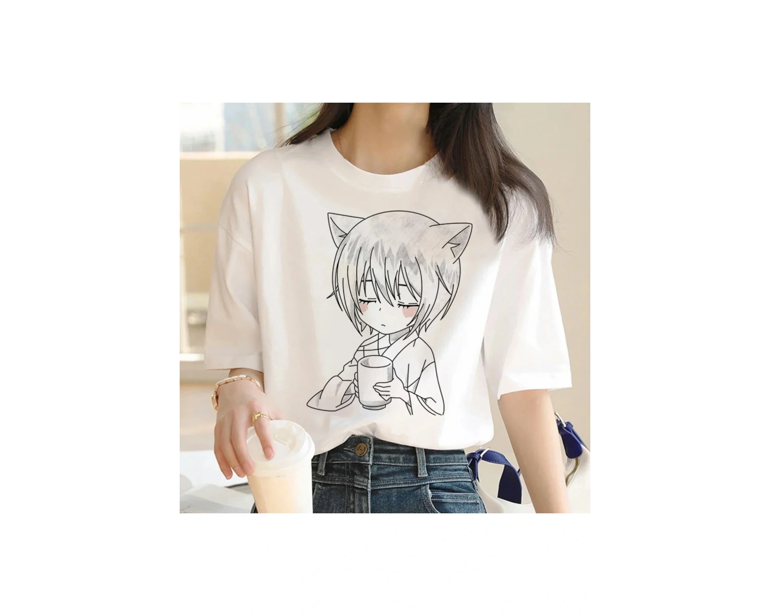 Beyaz Tomoe Kamisama Öpücük Japon Yaz Y2K Üst Grafik 2000 s Komik lar