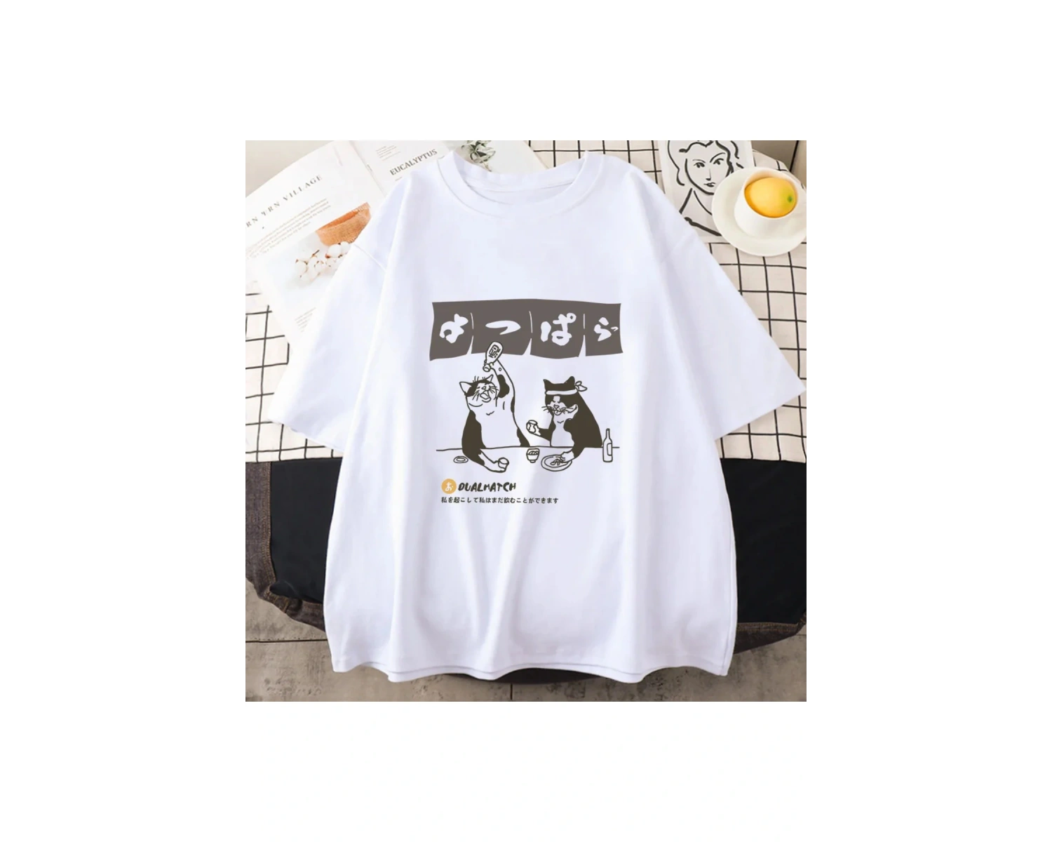Beyaz Tshirt Streetwear japon Harajuku komik içme kedi yaz karikatür T S