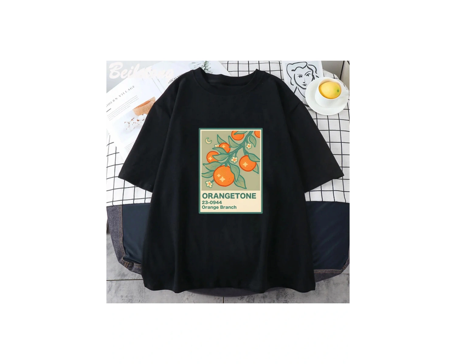 Beyaz Turuncu Şube Baskı Klasik Kawaii Yaz Üstleri Oyunu Grafik Tees Harajuku