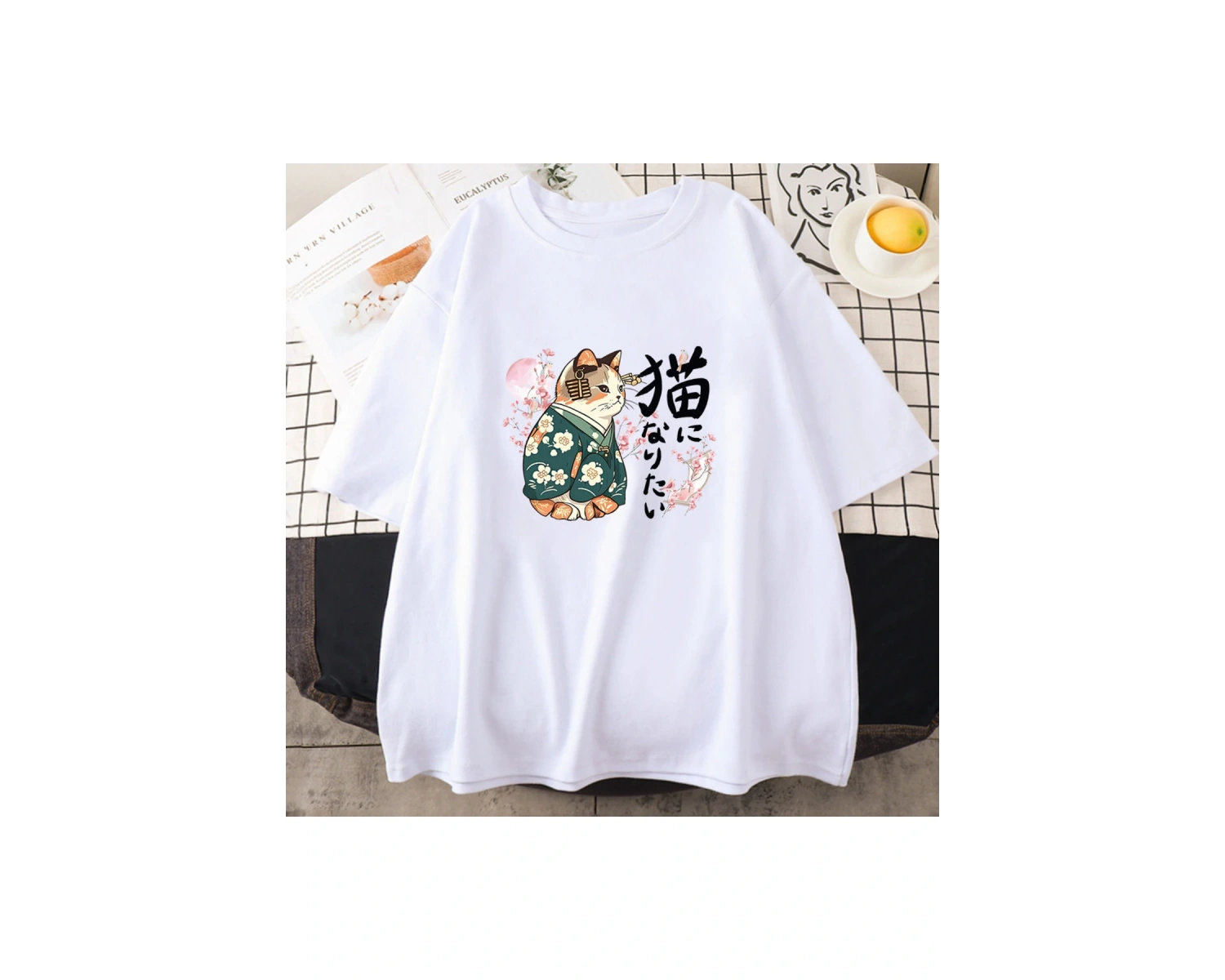 Beyaz Ukiyoe Kanji Kedi Japon Tarzı Çiçeği Sakura Pembe li