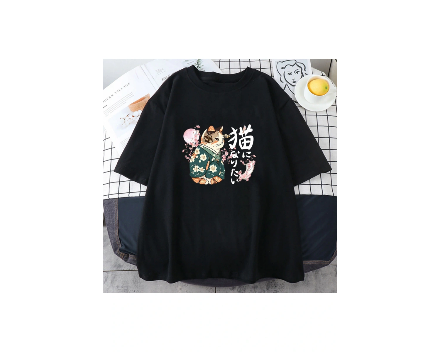 Beyaz Ukiyoe Kanji Kedi Japon Tarzı Çiçeği Sakura Pembe li