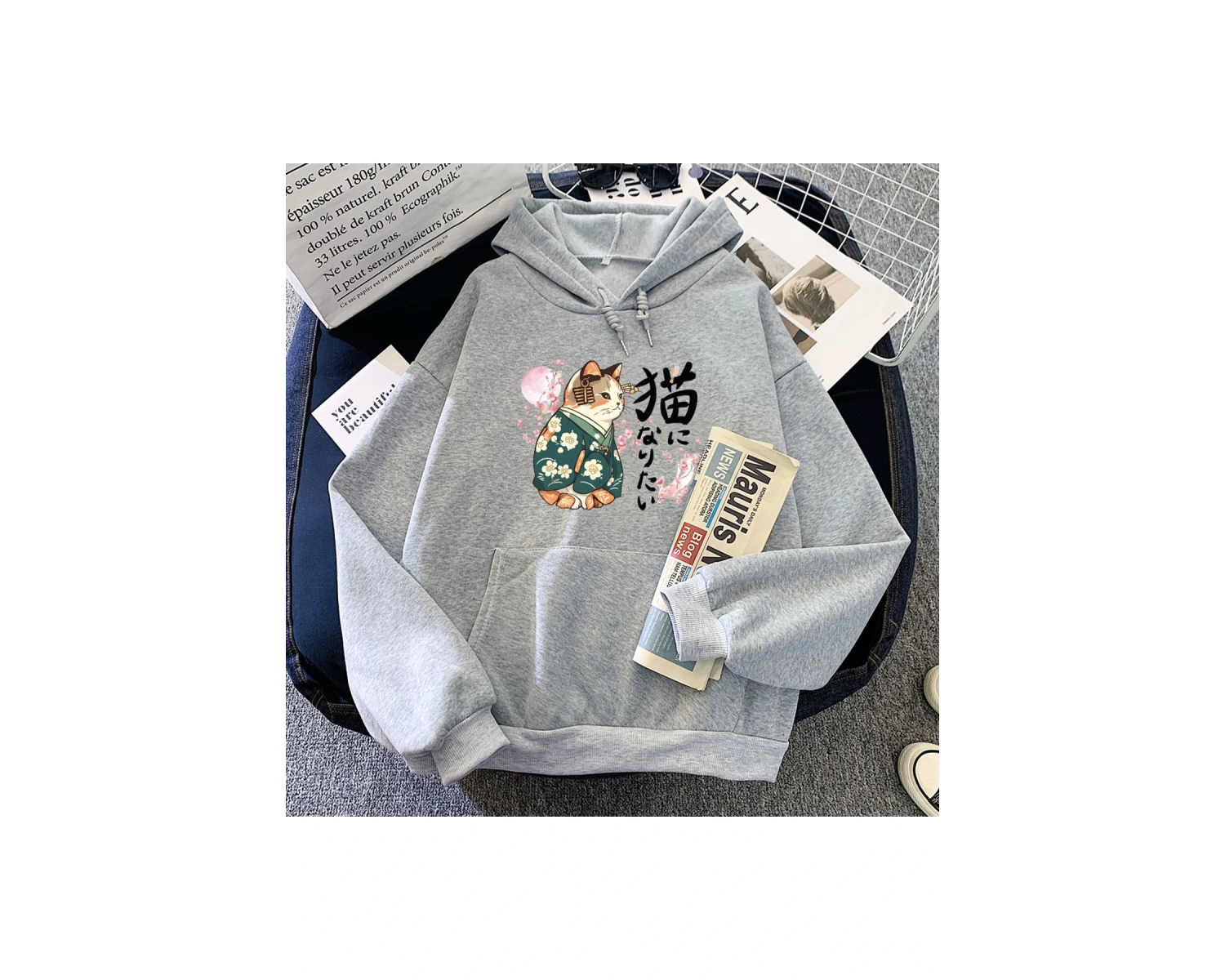 Beyaz Ukiyoe tarzı Kanji kediHoodies japon çiçeği Sakura grafik rahat lar