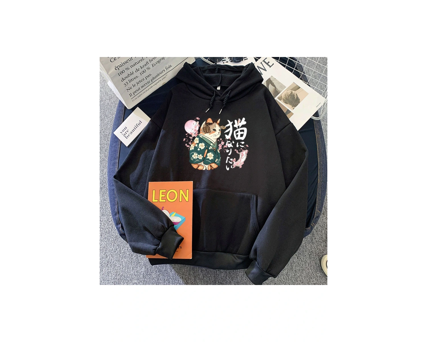 Beyaz Ukiyoe tarzı Kanji kediHoodies japon çiçeği Sakura grafik rahat lar