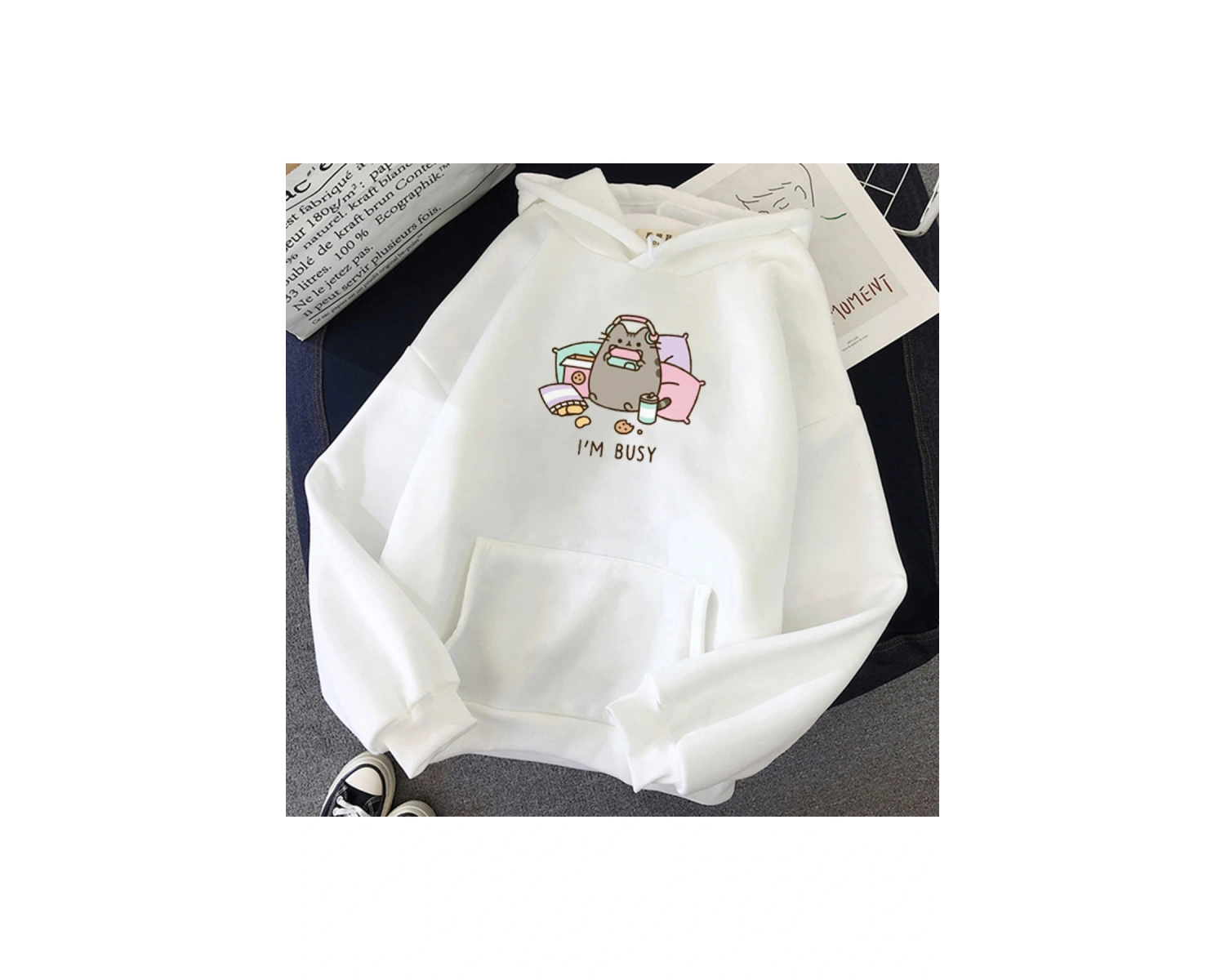 Beyaz Unisex 2021 komik kedi Hoodie moda Kawaii kore Harajuku 90 s karikatür elbise kadı