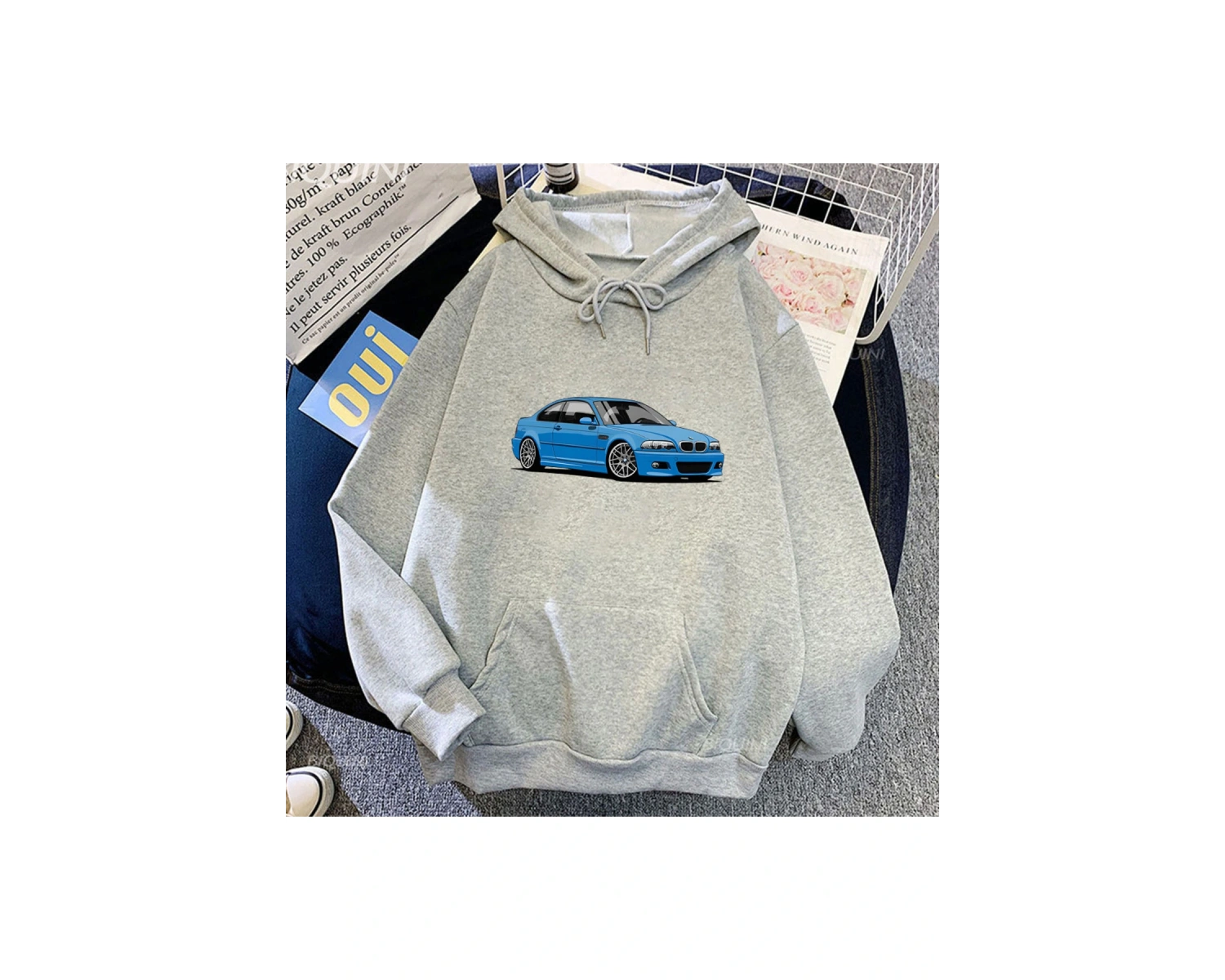 Beyaz Unisex 46 Araba Baskıi Yakışıklı Sokak Rahat Rahat Kapşonlu Sonbahar P